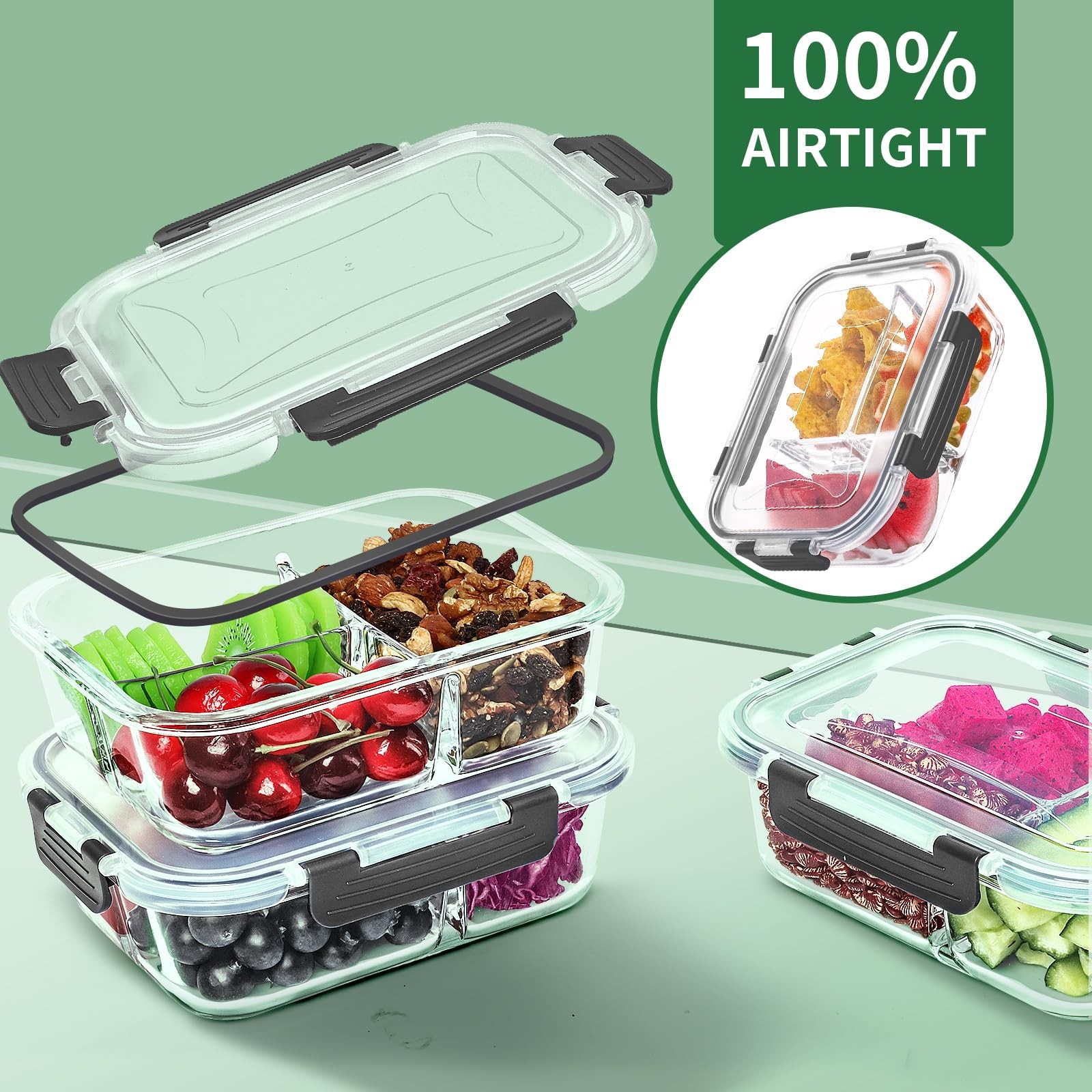 5-Packs 36OZ Glass Airtight Food Storage Containers 3 Compartments, Meal Prep…