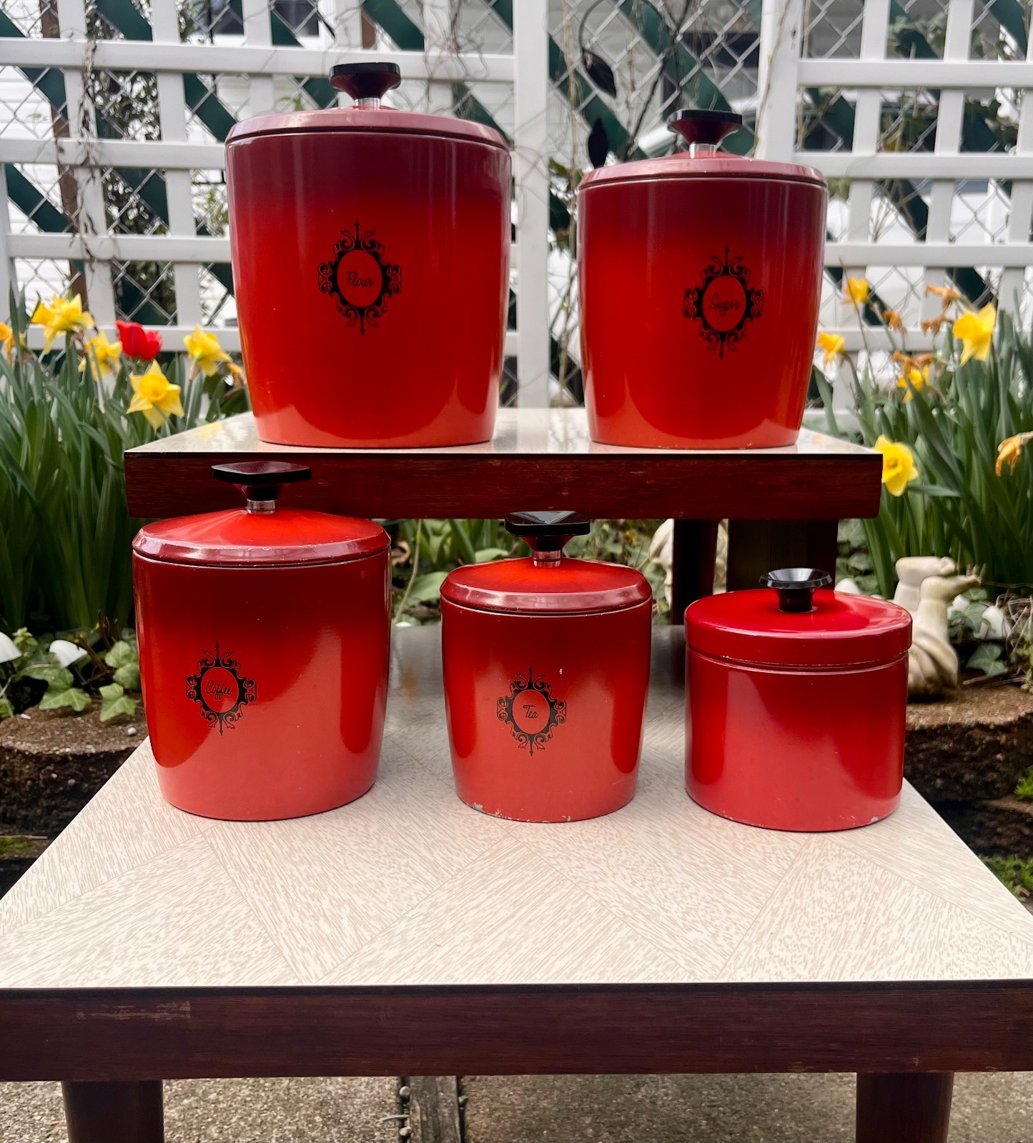 Vintage 1950’s West Bend FULL SET Red Aluminum Kitchen Storage Canisters w Lids