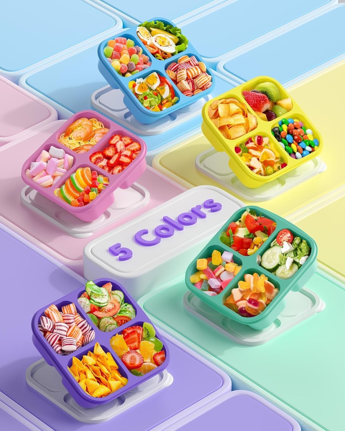 5 Pack Bento Snack Containers, 4 Compartment BPA-free Plastic Food Storage Co…