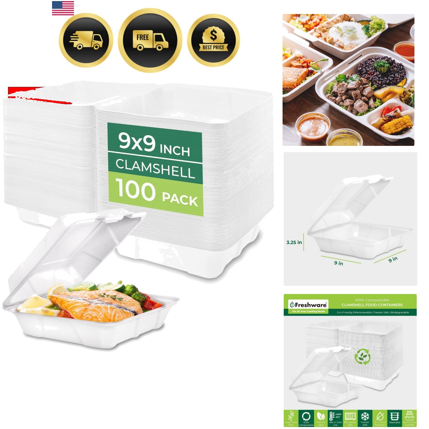 Clamshell Food Containers with Lids [9×9″ 100-Pack] Disposable To Go Containe…
