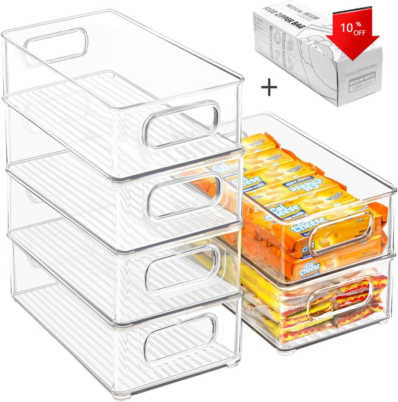 Stackable Refrigerator Organizer Bins, 6 Pack Clear Kitchen Organizer 10″L