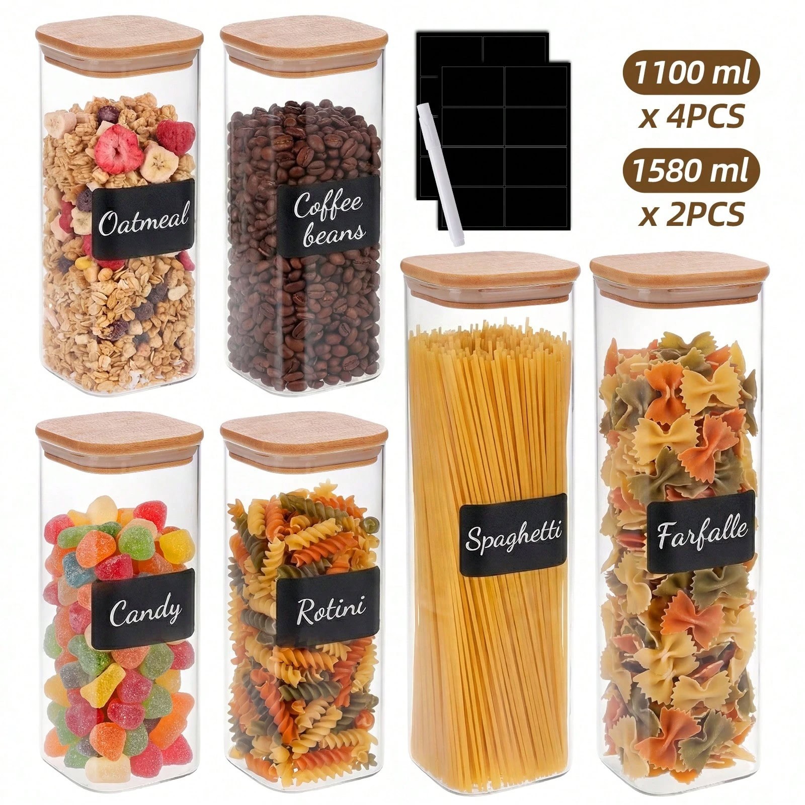 6Pc Clear Pantry Storage Canister Set Lids 2 Sizes Flour Sugar Dry Food