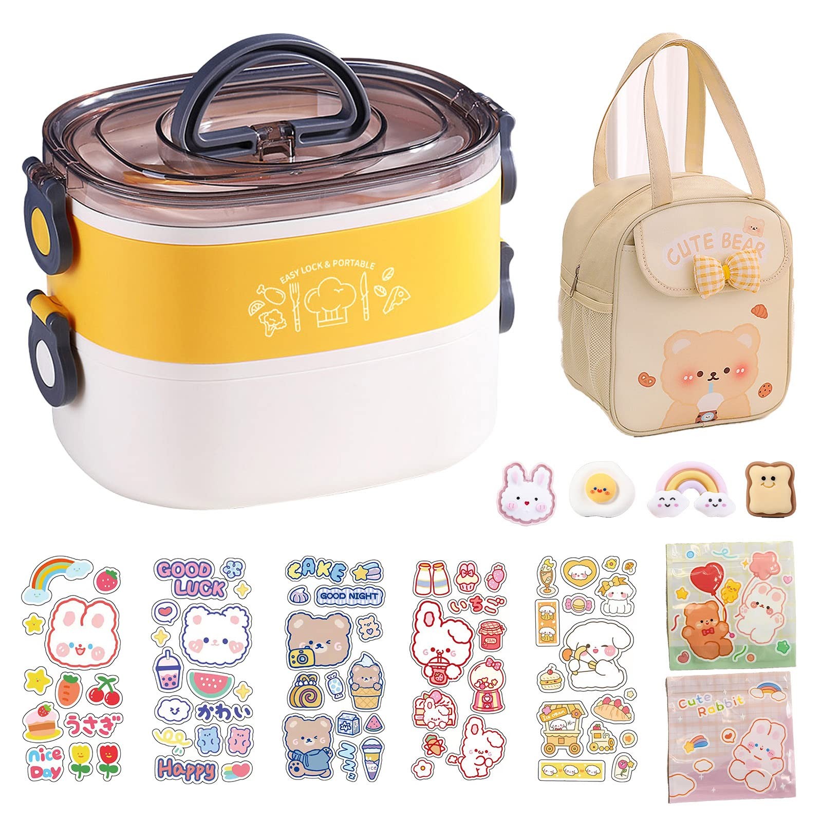 Paidideng Kawaii 2-Layer Bento Lunch Box w/ Bag, Tableware – 1200ml Leak-Proof