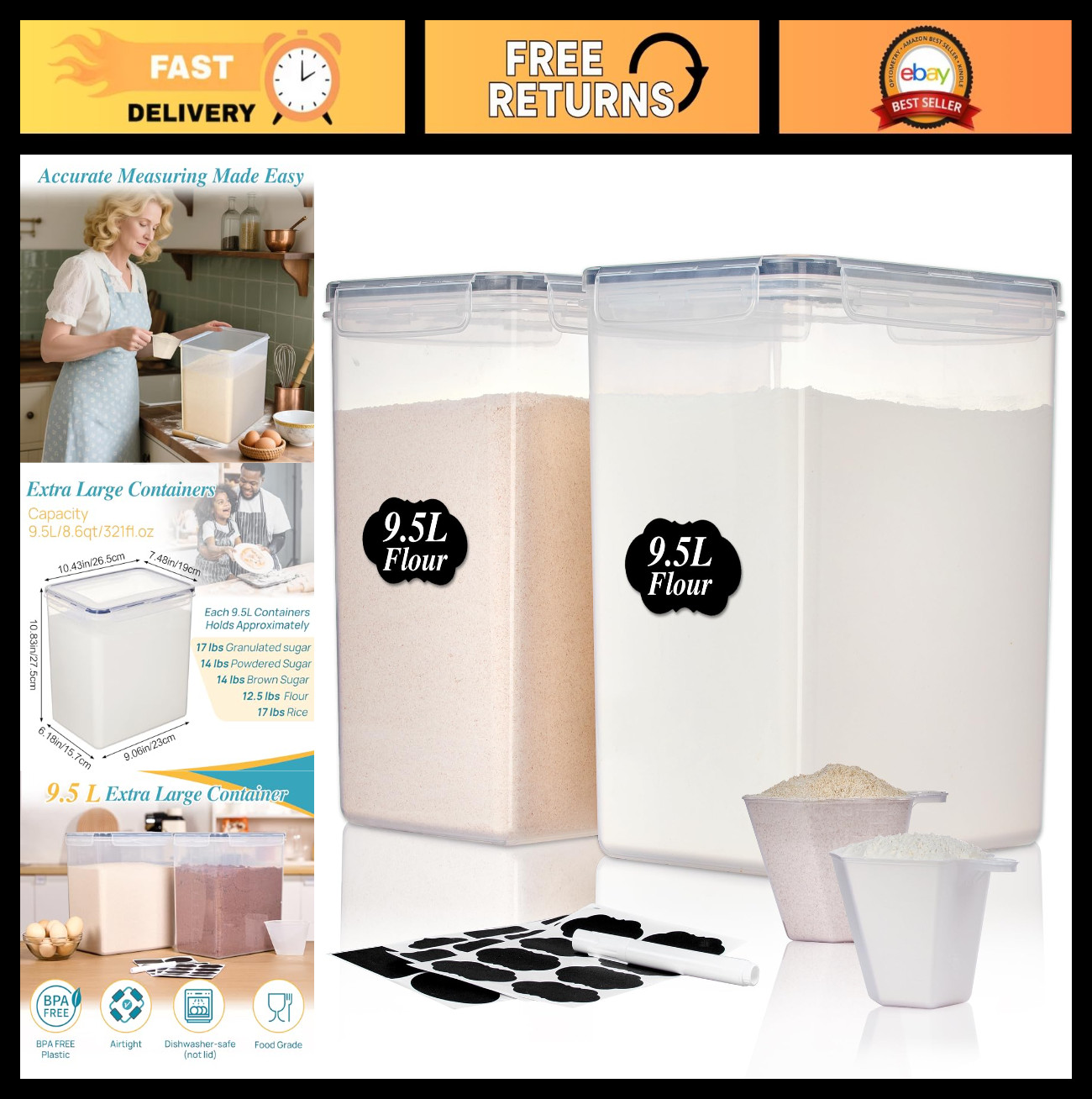 Extra Large 9.5L Airtight Storage Containers – 2 Pack for Flour, Sugar, Rice, Ba