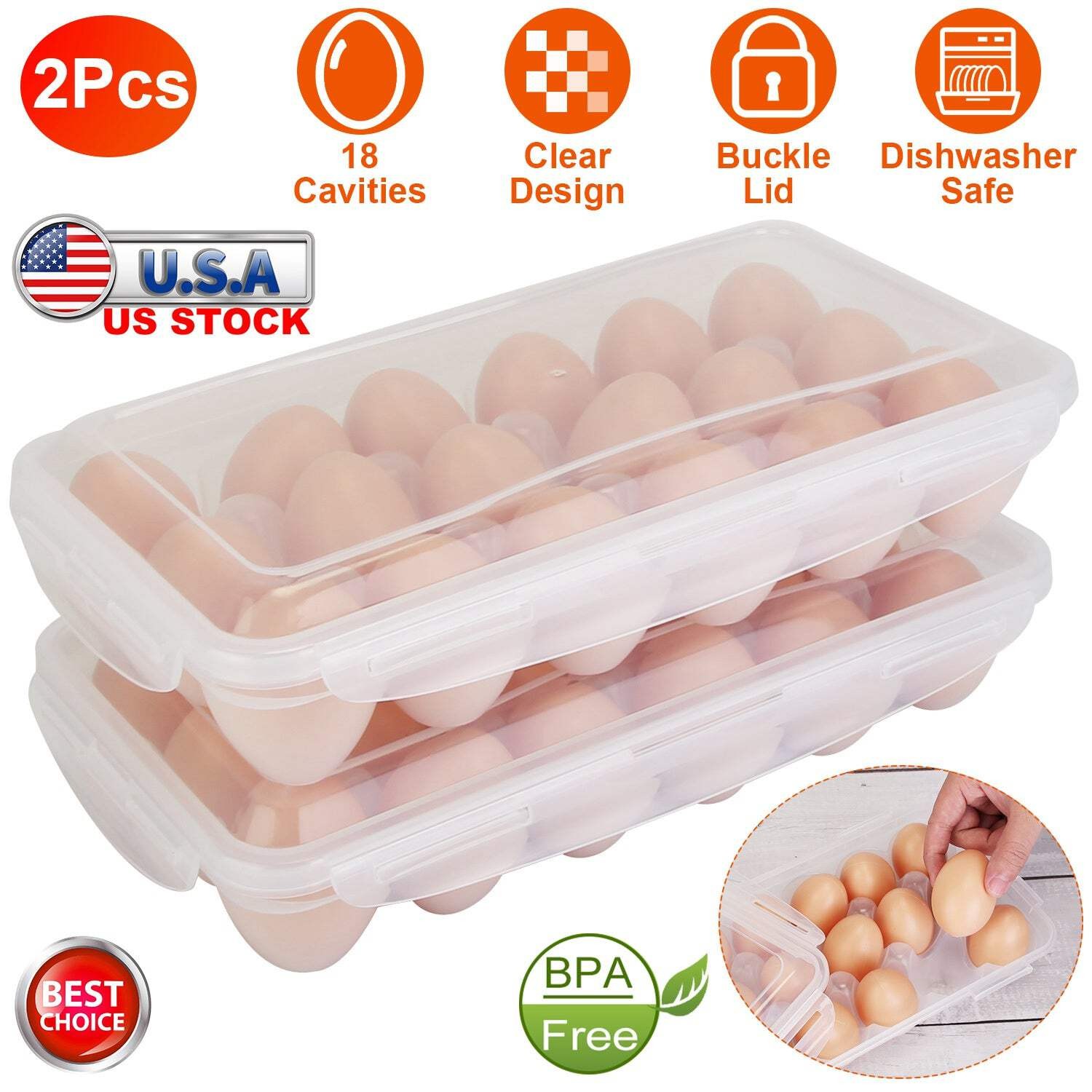2Pcs Plastic Egg Holder Stackable Egg Storage Box Egg Rack for Refrigerator 18 C