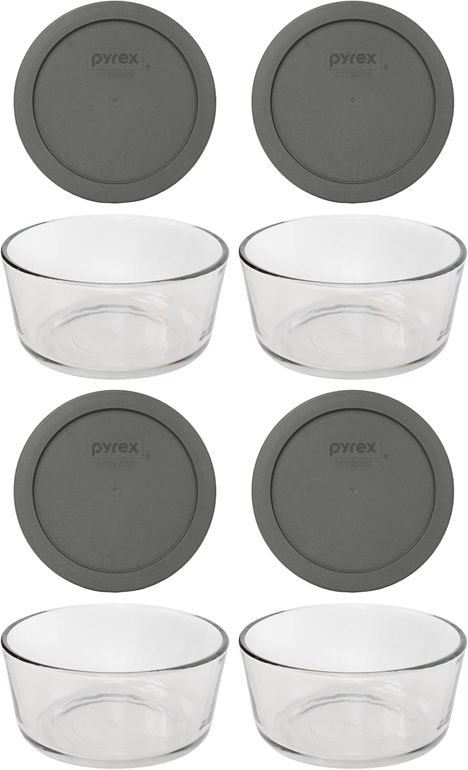 7201 4-Cup Glass Bowls & 7201-PC Puddle Gray Lids 4-Pack Perfect Meal Prep