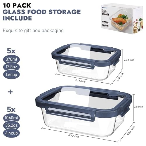10-Pack Glass Food Storage Containers with Tempered Glass Lids – Borosilicate,