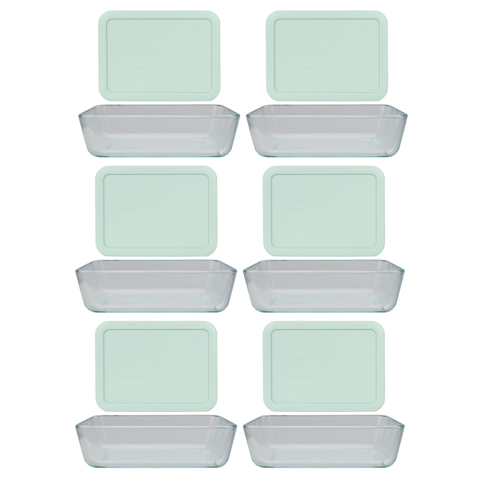Pyrex (6) 7210 3-cup Glass Dishes & (6) 7210-PC Muddy Aqua Lids