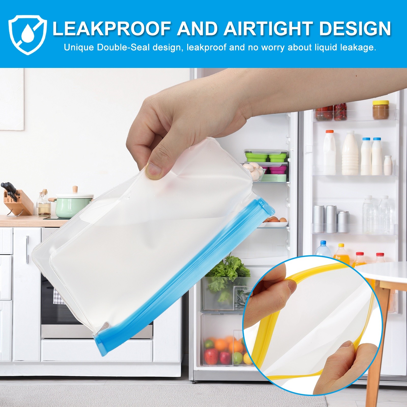 6″x2″x4.1″ Reusable Freezer Bag, 3 Pcs Leakproof Zip Bags, Yellow