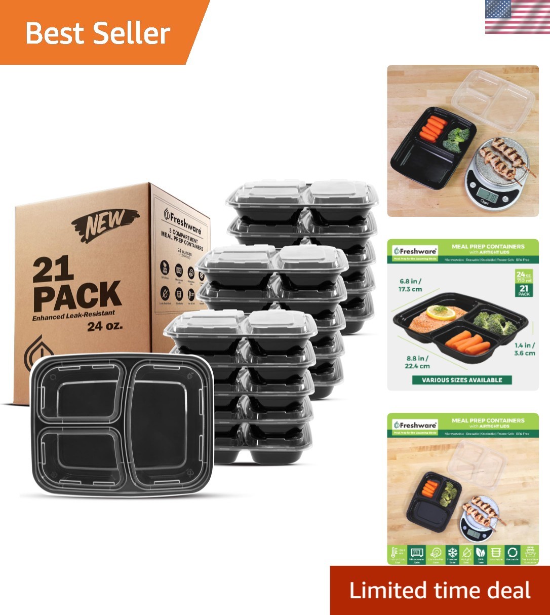 Meal Prep Containers [21 Pack] 3 Compartment with Lids, Food Storage Containe…