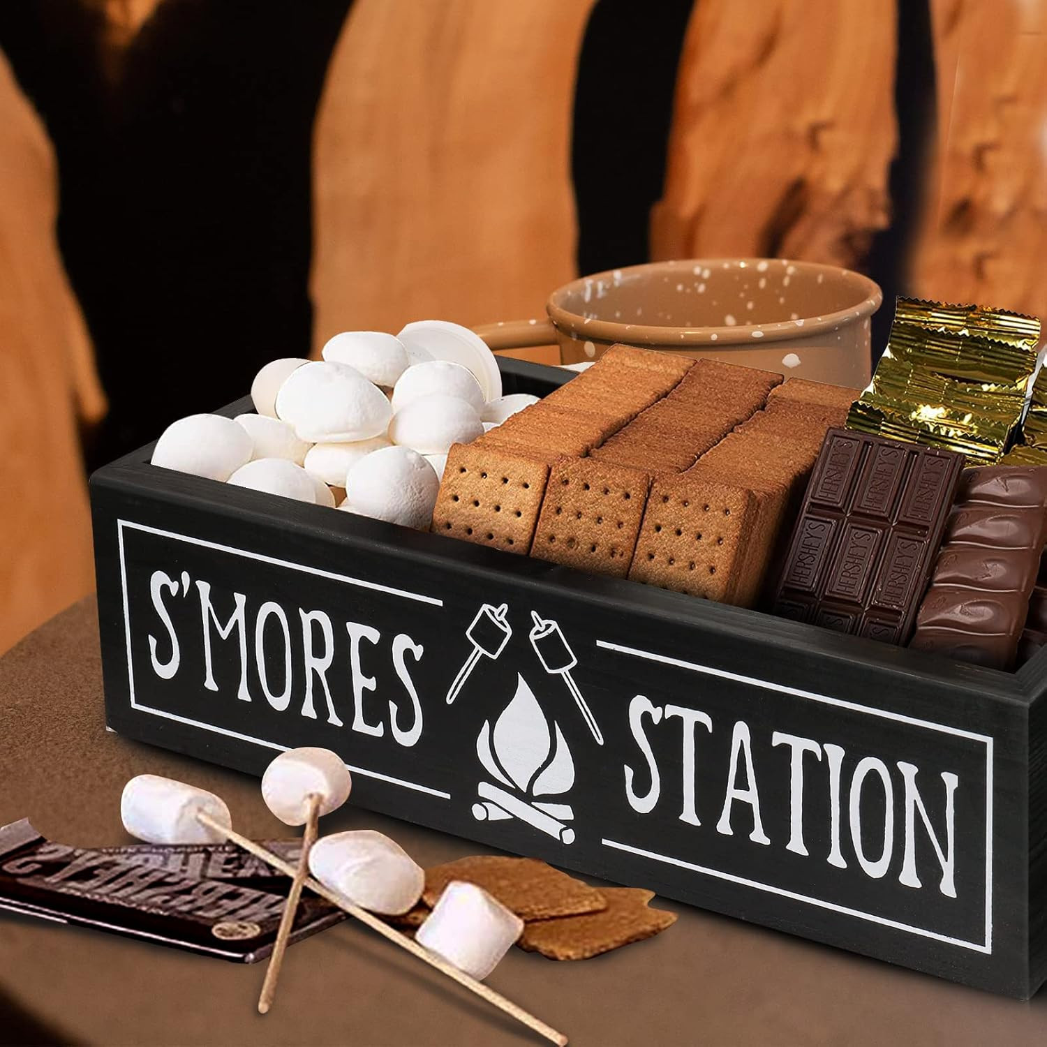 S’Mores Station Box – Wooden Smores Bar Holder Caddy Tray Kit with Handles, Farm