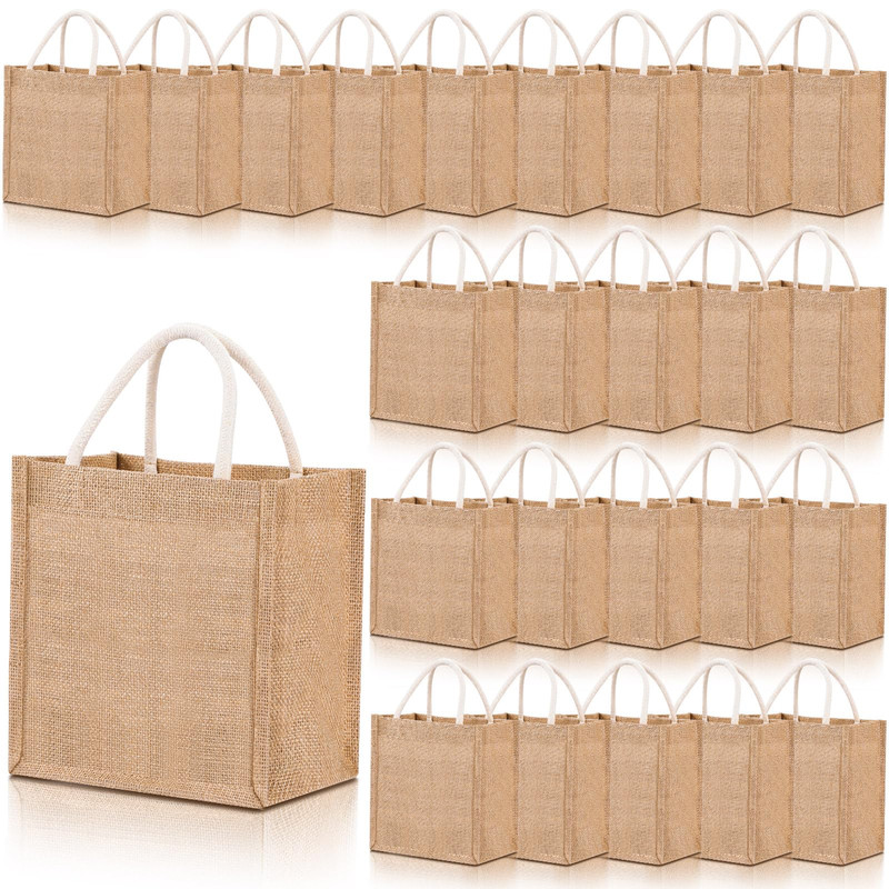 Cunno 24 Pcs Burlap Tote Bag Mini Jute Reusable Waterproof Bag Handles Small
