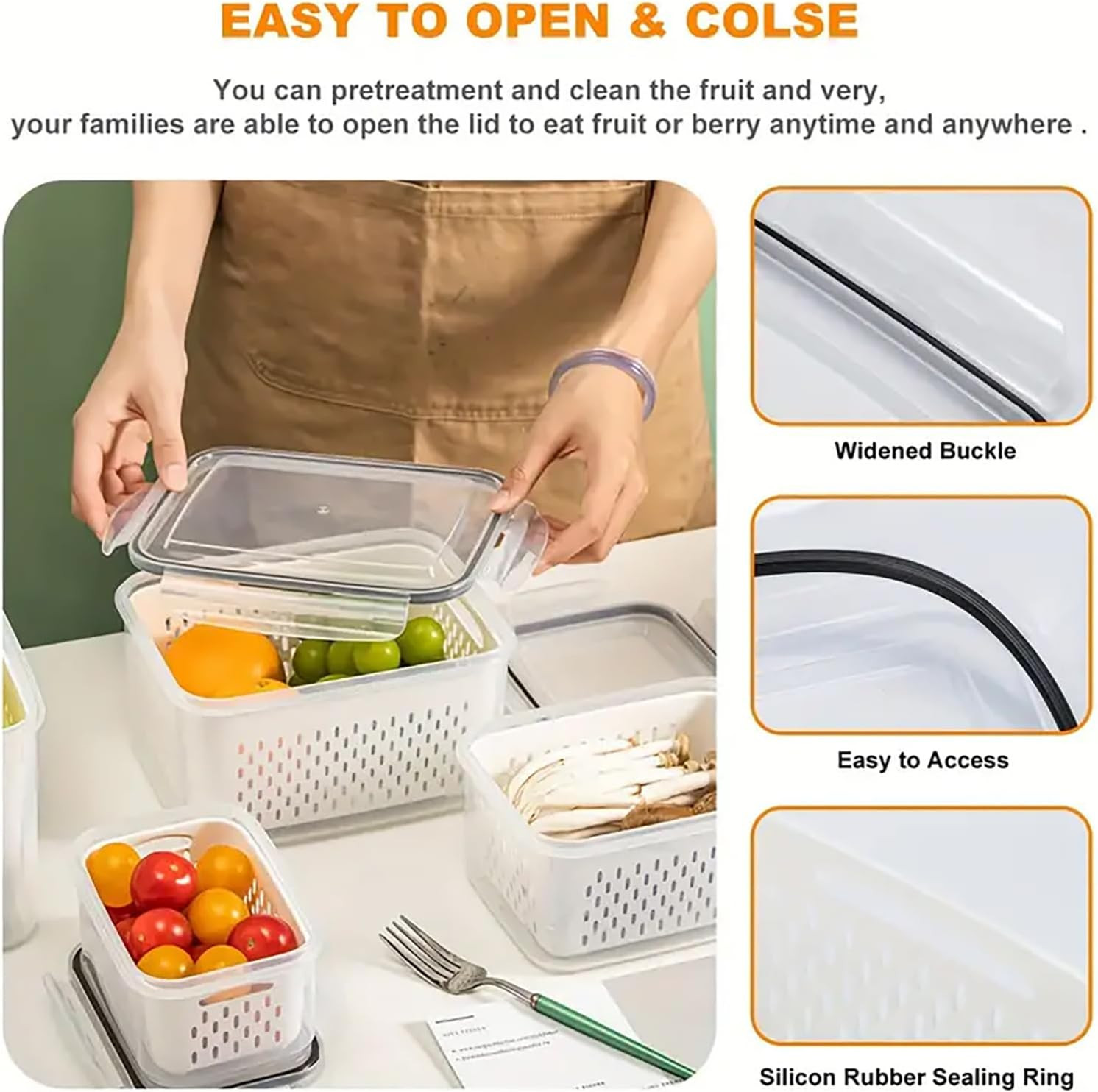 3Pcs 4 in 1 Fruit Containers for Fridge with Removable Colanders and Lids, Airti