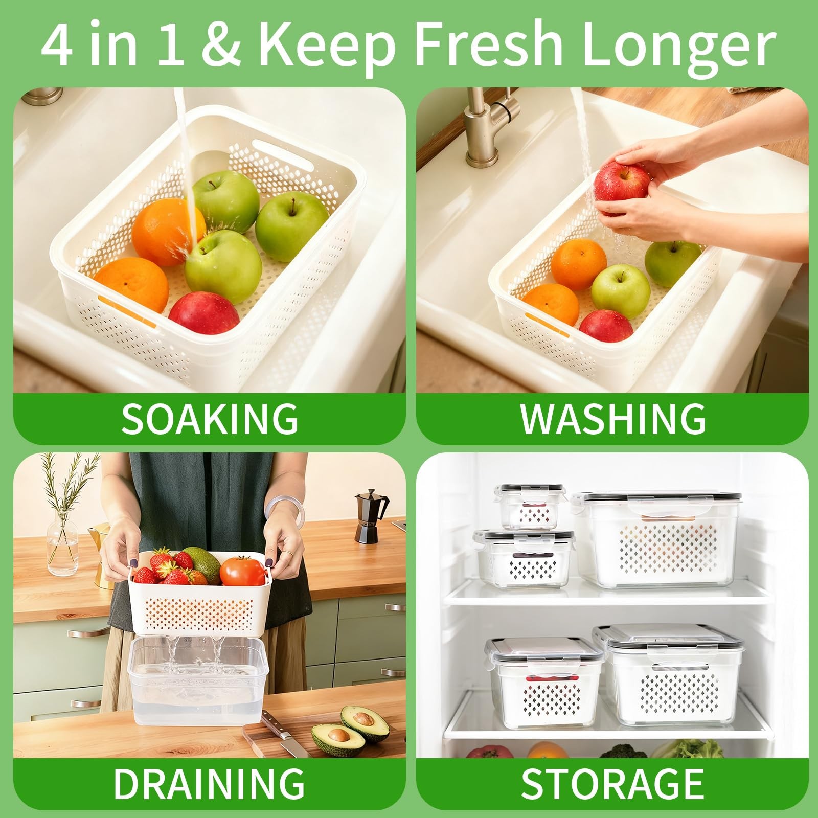 5 Pack Fridge Produce Containers Colander Berry Fresh Storage Organizer