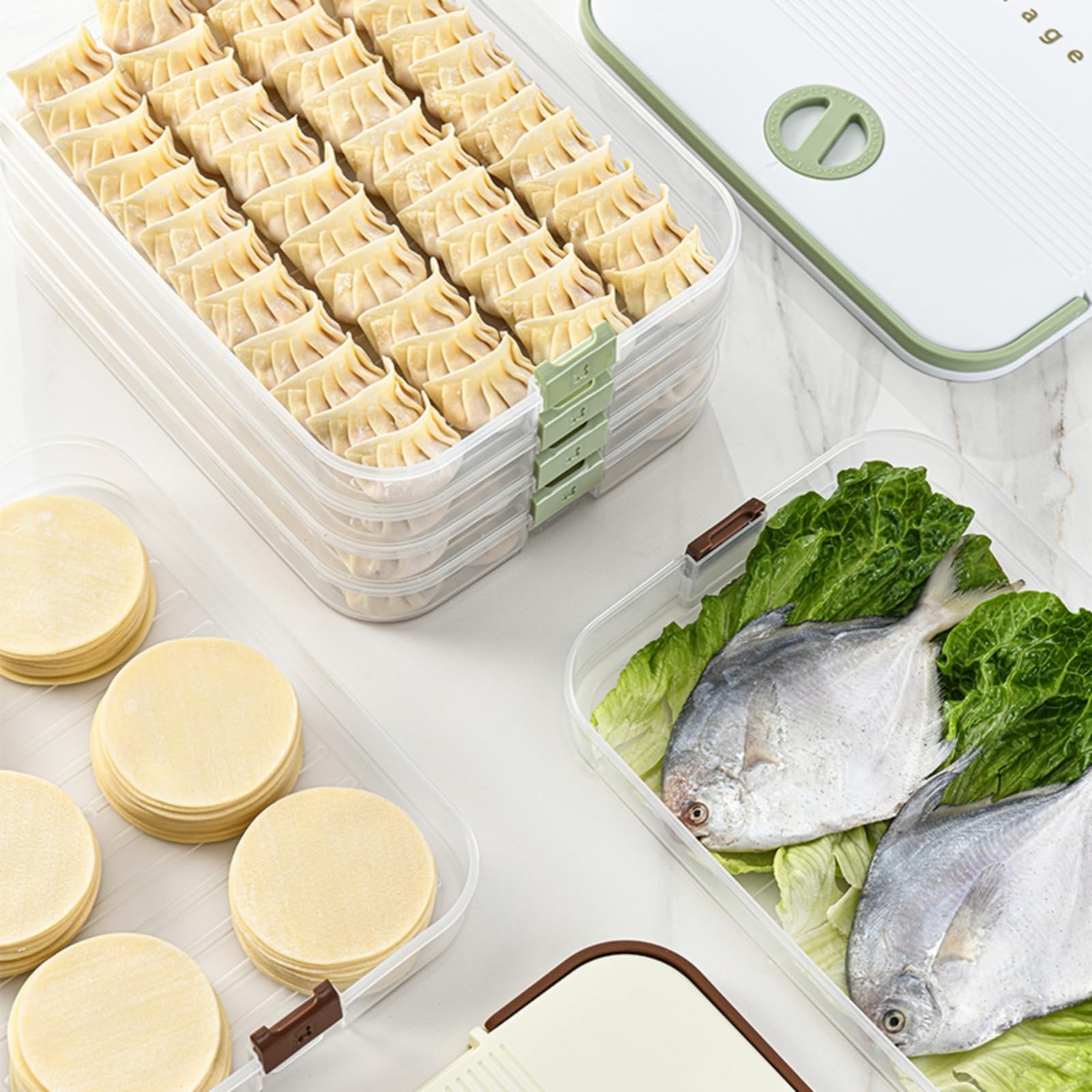 Dumplings Storage with 4 Layers, Stackable with Buckle, Lid & Handle for Cook…