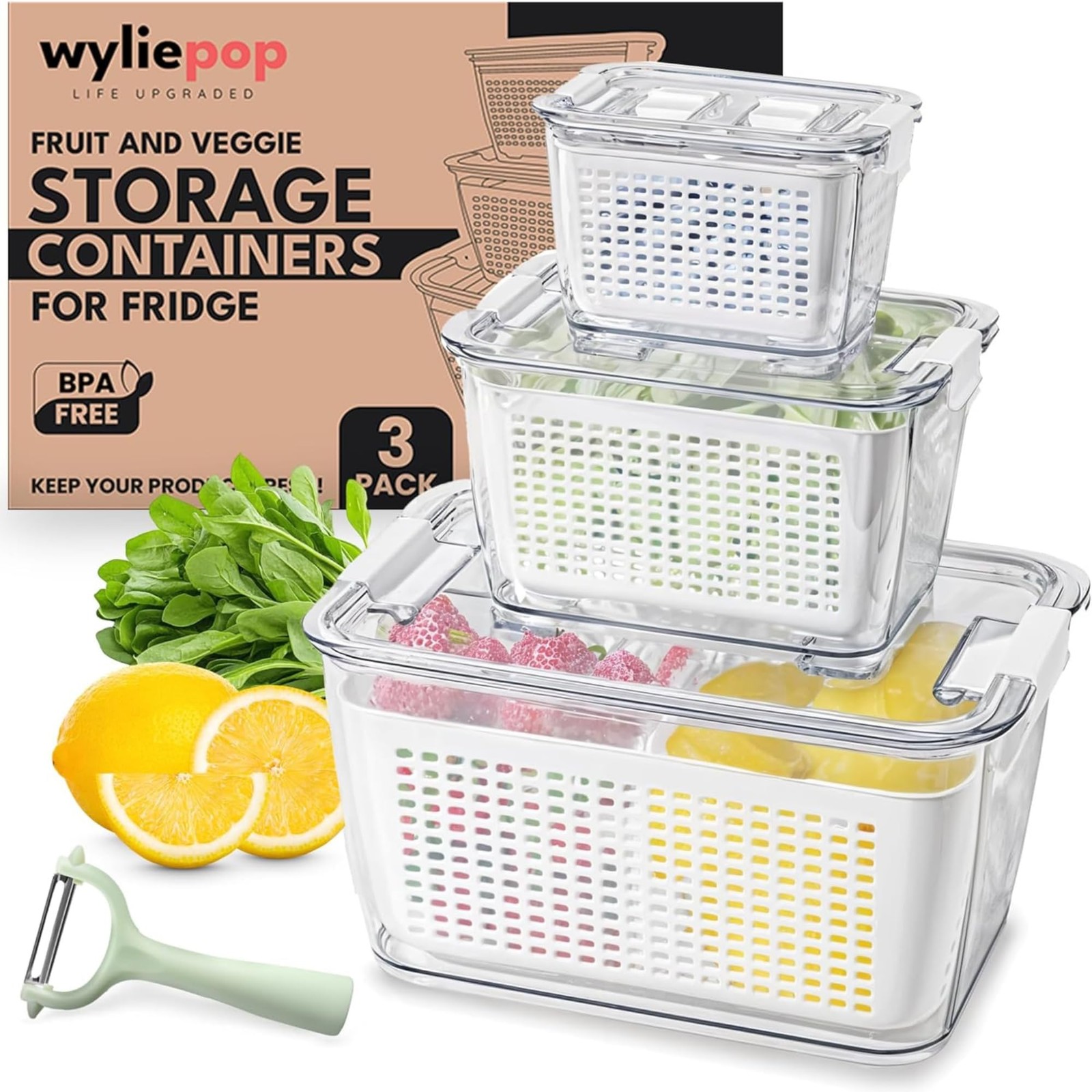 Premium Fruit Storage Containers for Fridge with Veggie Peeler – 3in1 Produce…