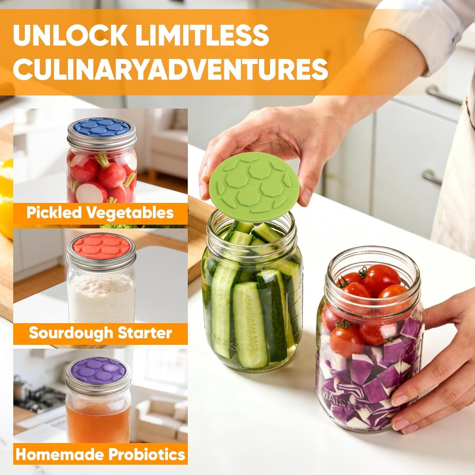 Silicone Fermentation Lids for Wide Mouth Mason Jars, One-Way Airlock Valve