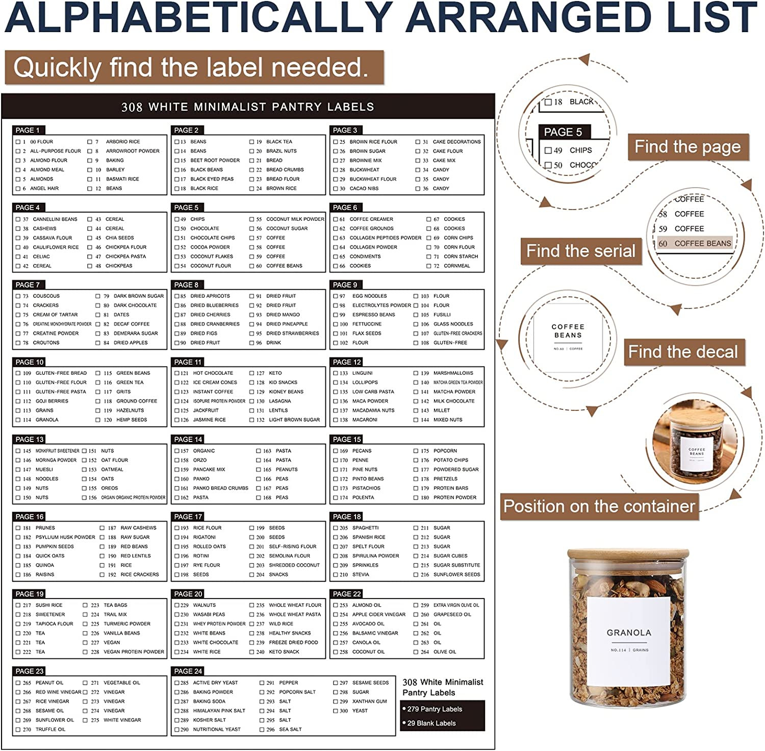 308 Kitchen Pantry Labels for Food Containers, 3 Sizes White Minimalist Labels f