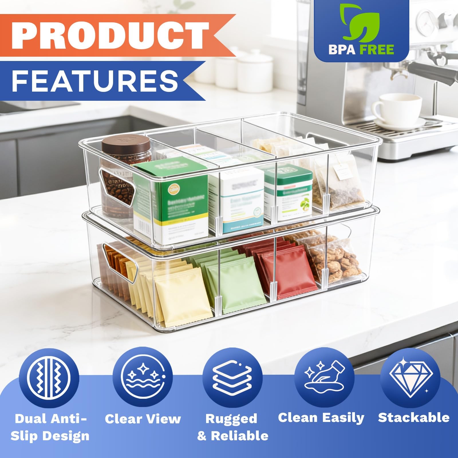 Stackable 4-Compartment Pantry Organizers and Storage, Clear Plastic Storage …