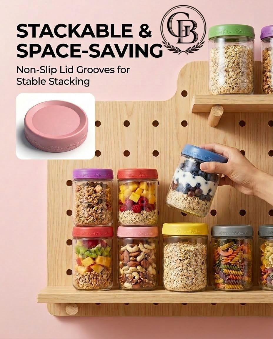 16 OZ 4Pack, Overnight Oats Jars with Lids, Glass Meal Prep Containers, Airtight