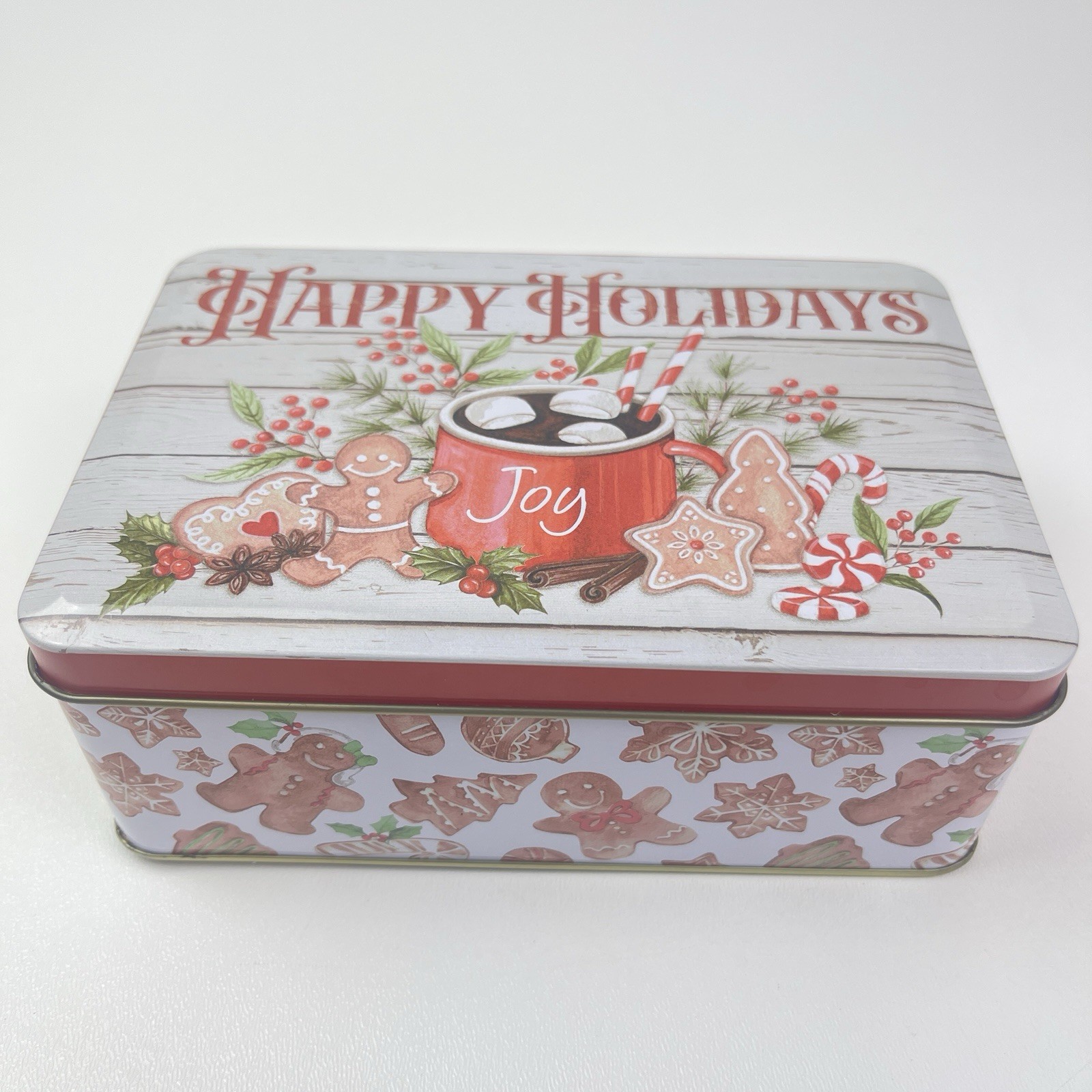 Happy Holidays Rectangle Metal Tin Canister Cookie Box Bin Container Empty
