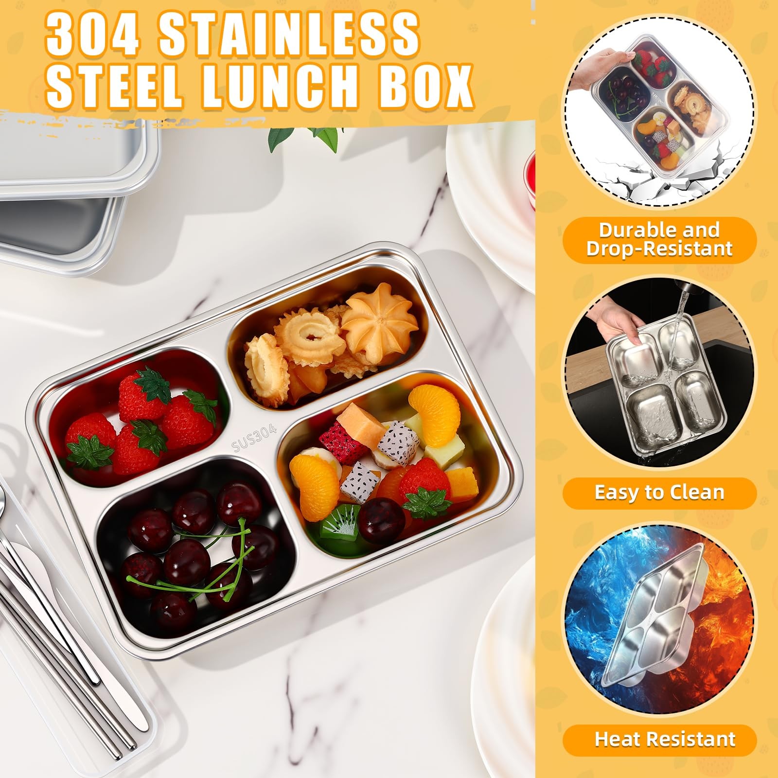 8 Pack Stainless Steel 4 Compartments Snack Bento Snack Boxes with Lids and 8…