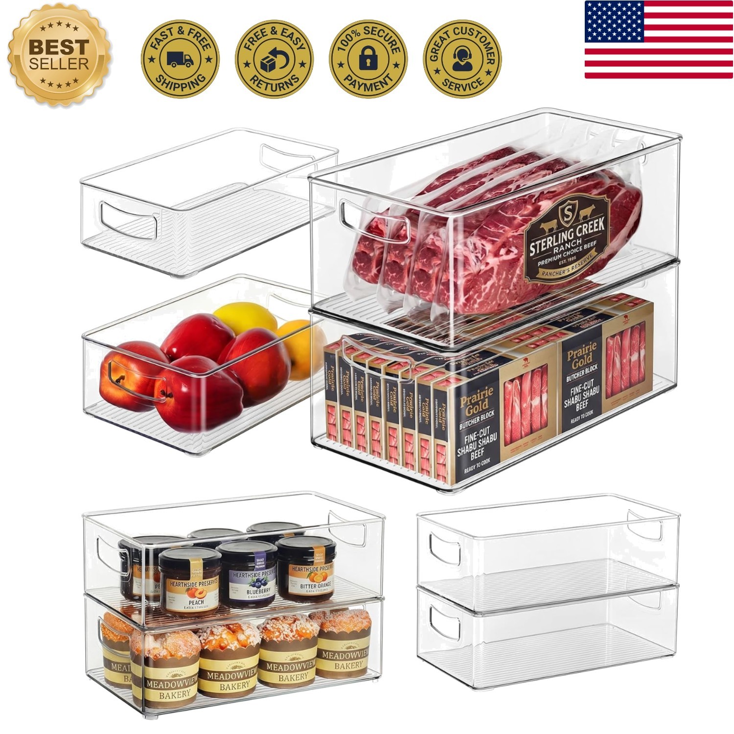 Large Capacity 8 Pack Clear Organizers – Perfect for Freezer and Cabinet Spaces