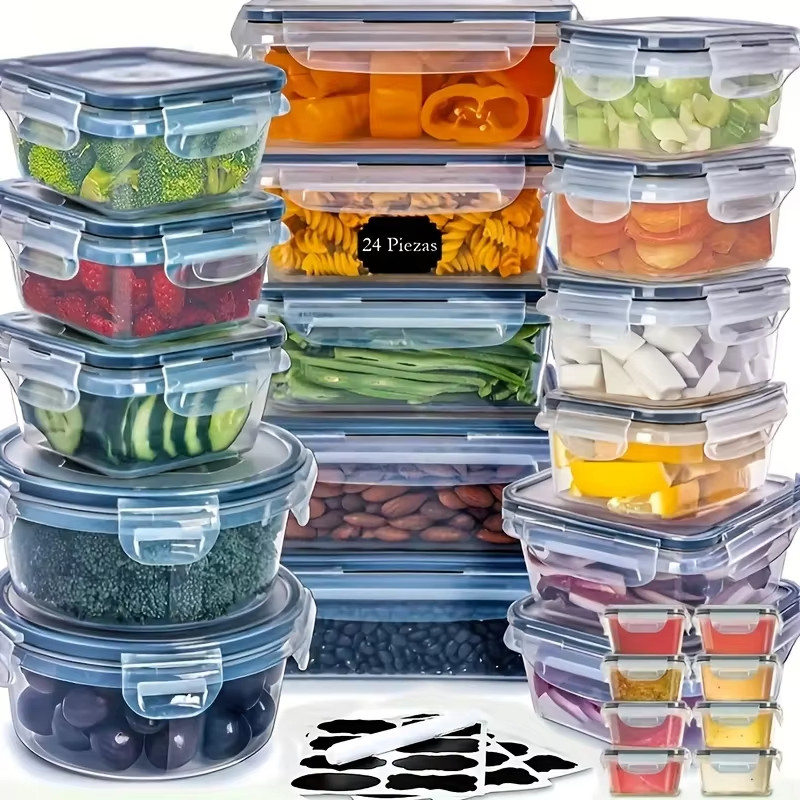 24 Clear Kitchen Food Storage Container Set With Pen And Labels