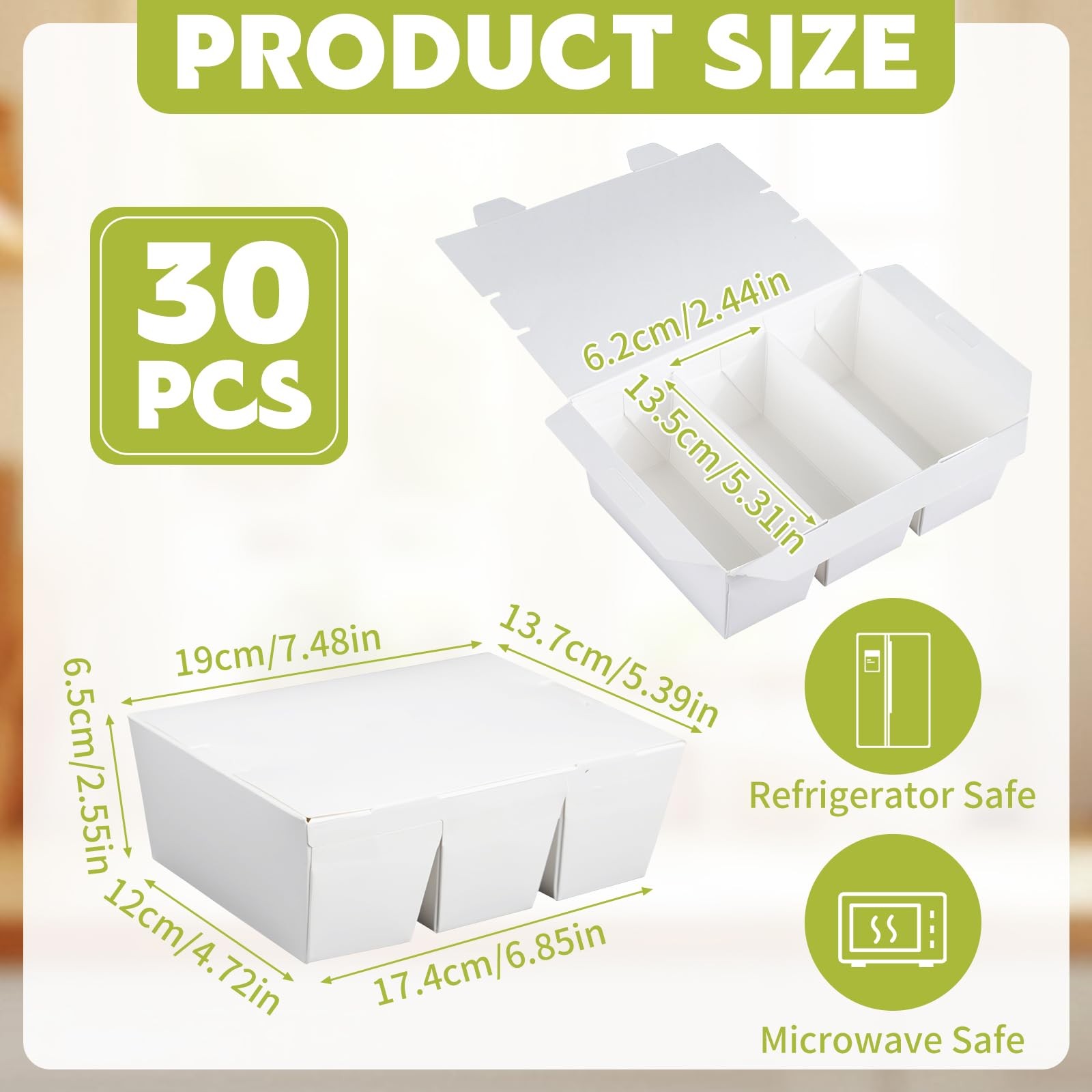 White Paper 3 Compartment Microwaveable Take Out To Go Food Boxes 50 Oz 30 PCS