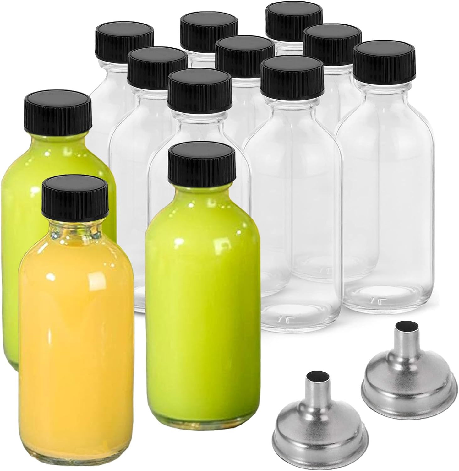 12 Pack 2 Oz Small Clear Glass Bottles with Lids & 2 Funnels – 60Ml