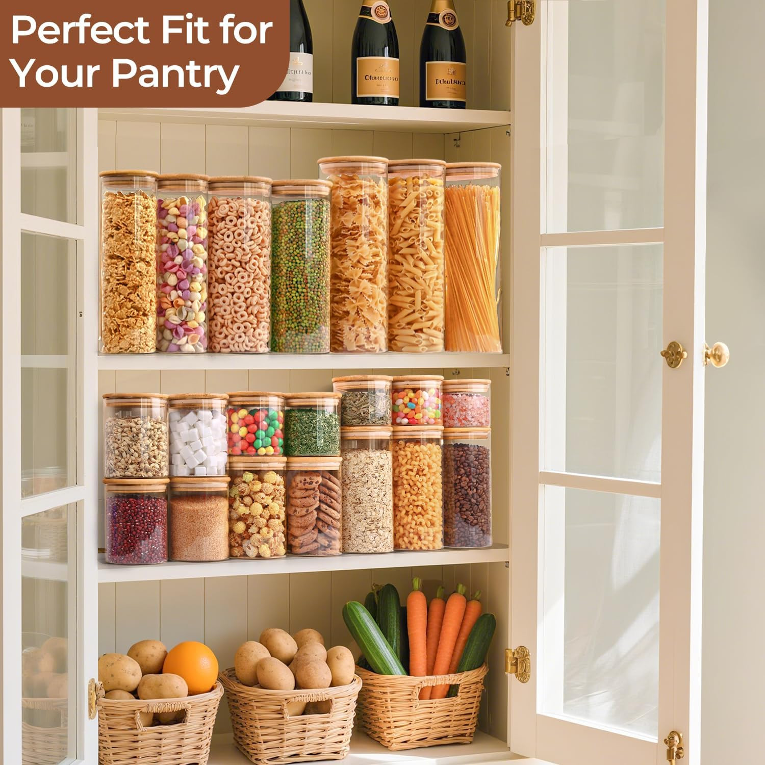 Comsaf Glass Spaghetti Pasta Storage Container with Lids 2 Qt Set of 3, Tall Cle