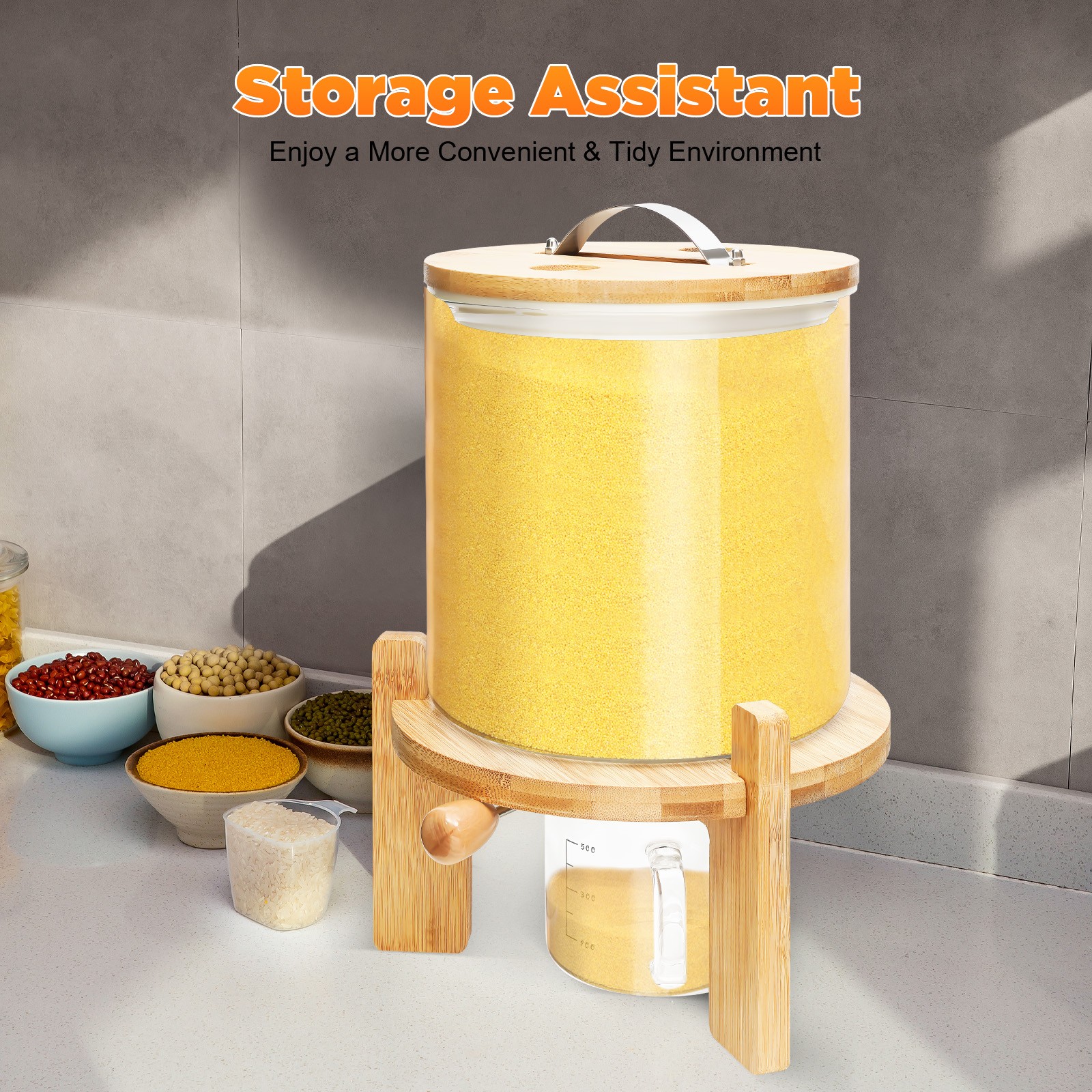 Cereal Dispenser, Vertical Cereal Storage, 5l Large Capacity, Clear Glass Body
