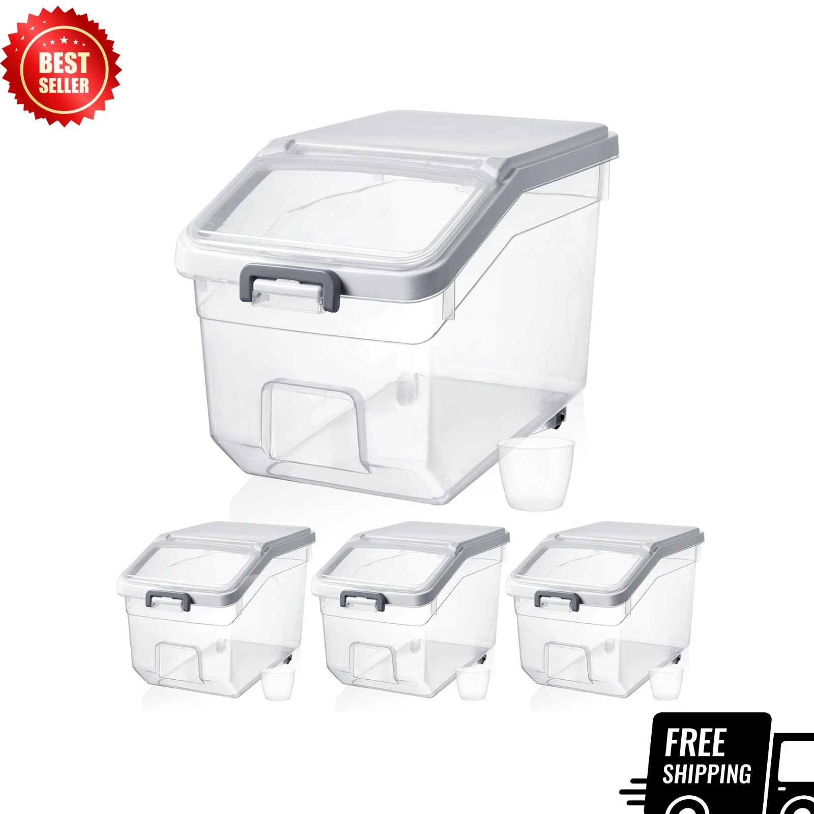 4 PCS 22lb Rice Storage Containers Airtight with Wheels Measuring Cup