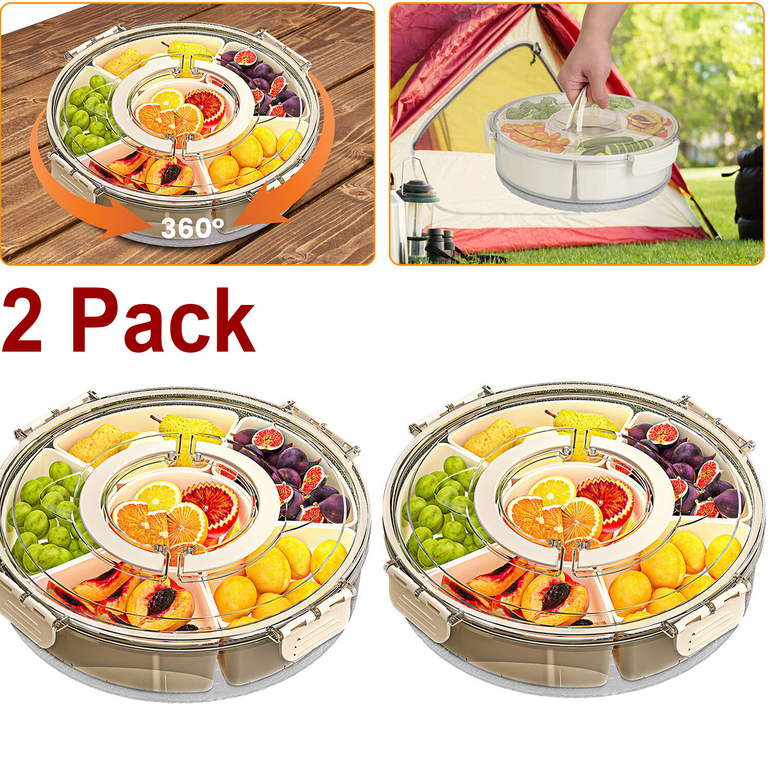 2Pcs Divided Serving Tray with Lid and Handle 360° Rotatable Snack Box Container