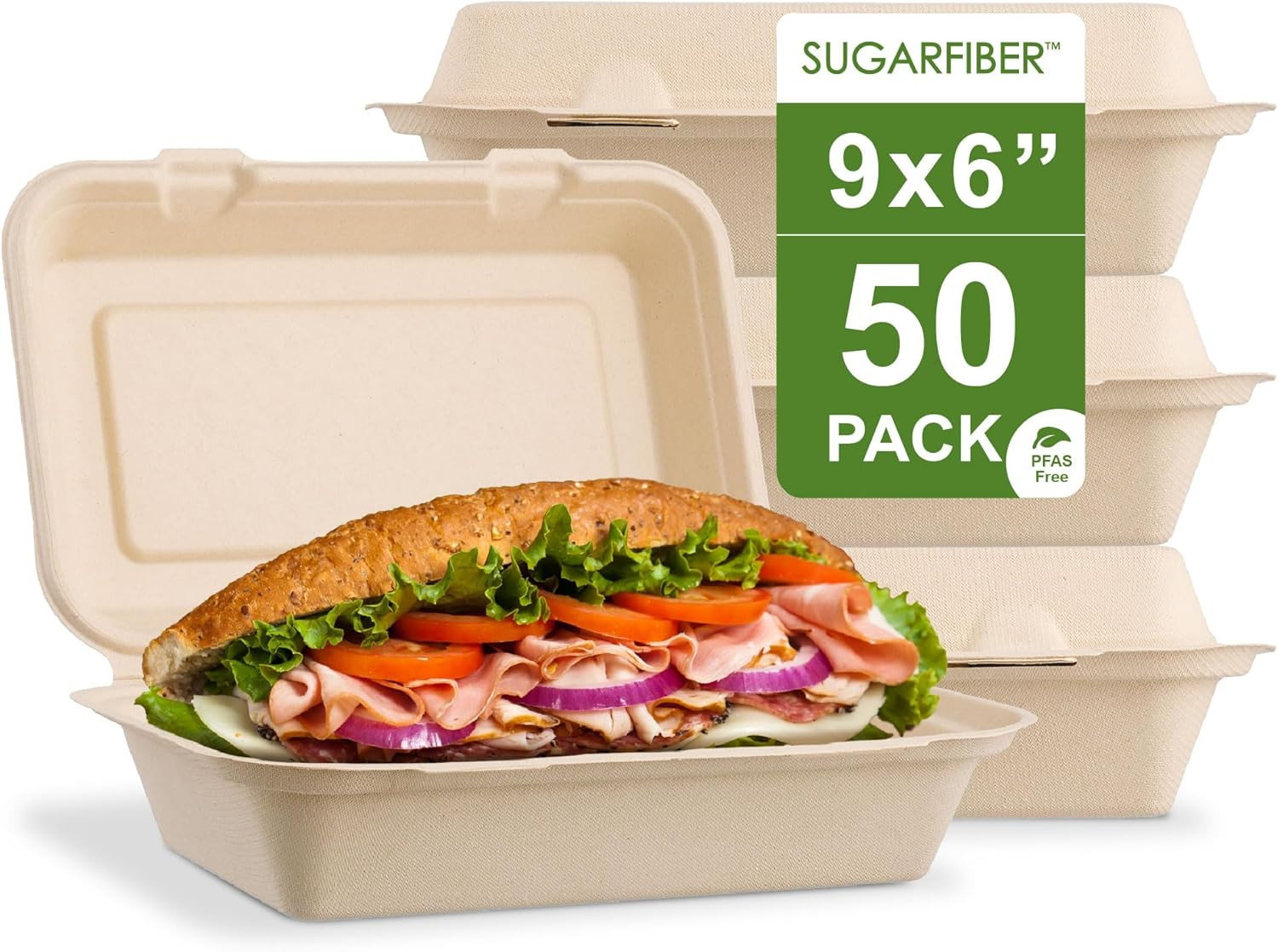 Pack 50 Envases Compostables 9×6 Pulgadas PFAS Free Ecologicos para Comida