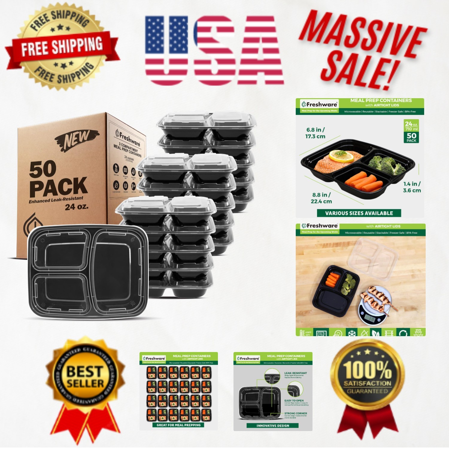 Airtight and Leak Resistant Meal Prep Containers – 50 Pack BPA Free Bento Box