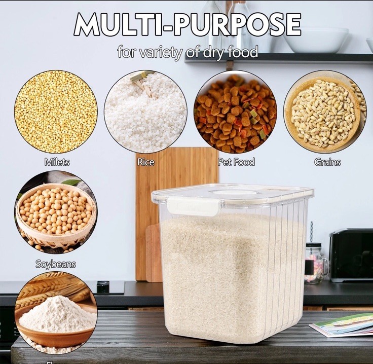 Clear BPA-Free Plastic Grains Dispenser, Airtight, Scoop Included