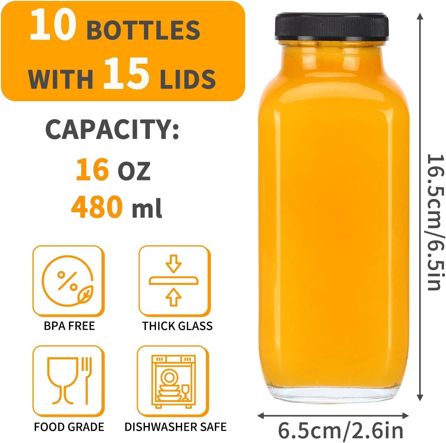 10pcs 16oz Glass Juice Bottles with Lids, Reusable Juice Containers Drinking …