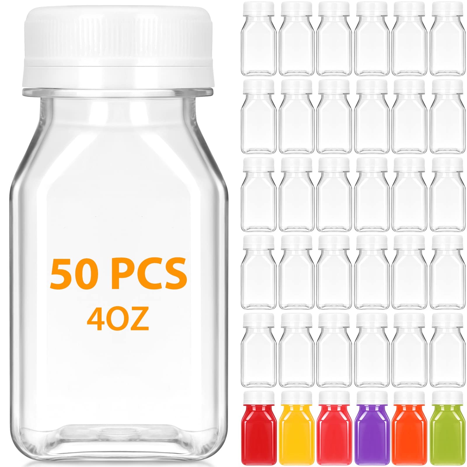 Gerrii 50 Pcs 4 oz Liquid Vial Plastic Juice Bottle with Lid Reusable Clear Beve