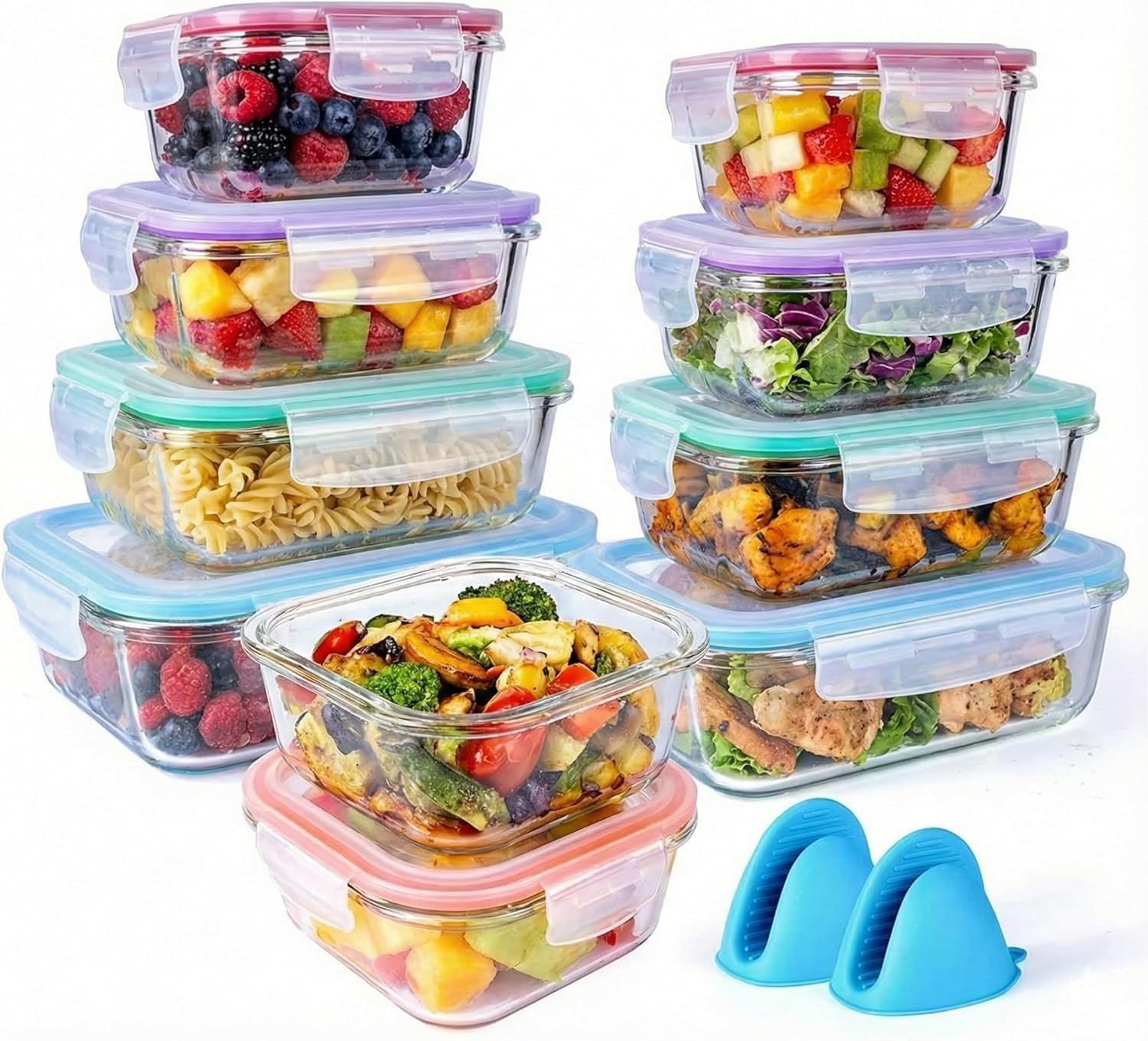 20 Pc Glass Food Storage Containers W/ Snap Lock Lids Airtight & Leakproof Bonus
