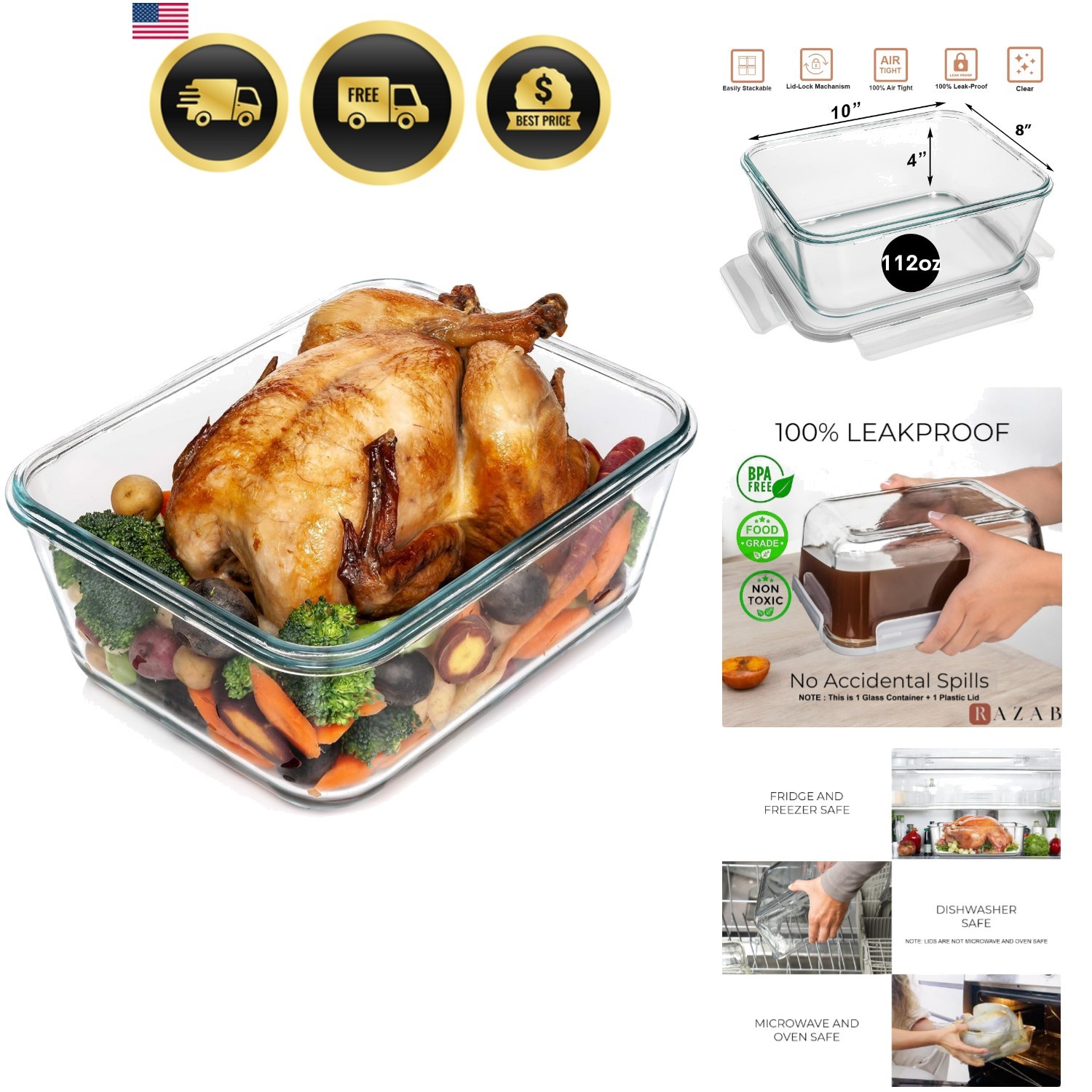 3300 ml/ 112 oz LARGE Glass Food Container with Locking Lid. Ideal for Storin…