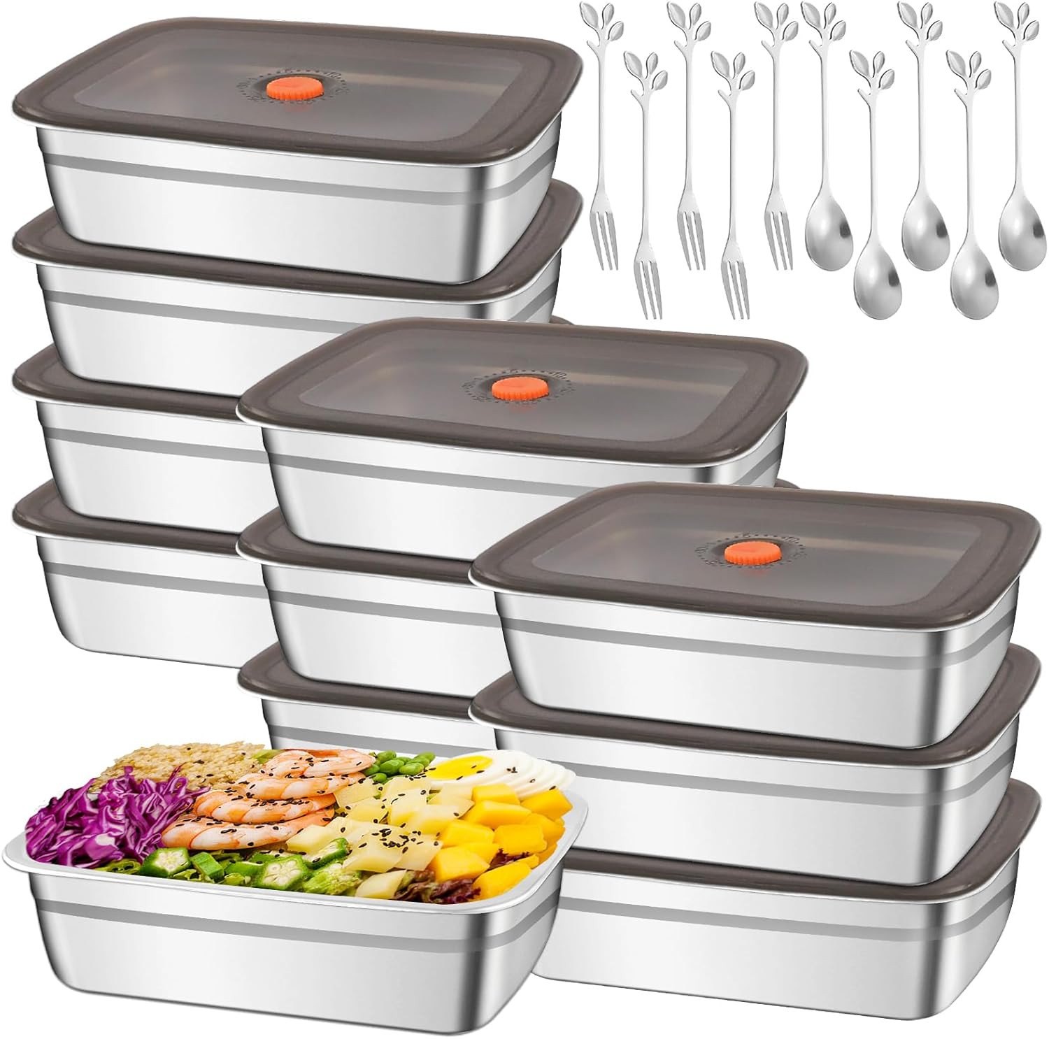 10Pcs 316 Stainless Steel Food Storage Containers Airtight Lids 50Oz/1500Ml Fres