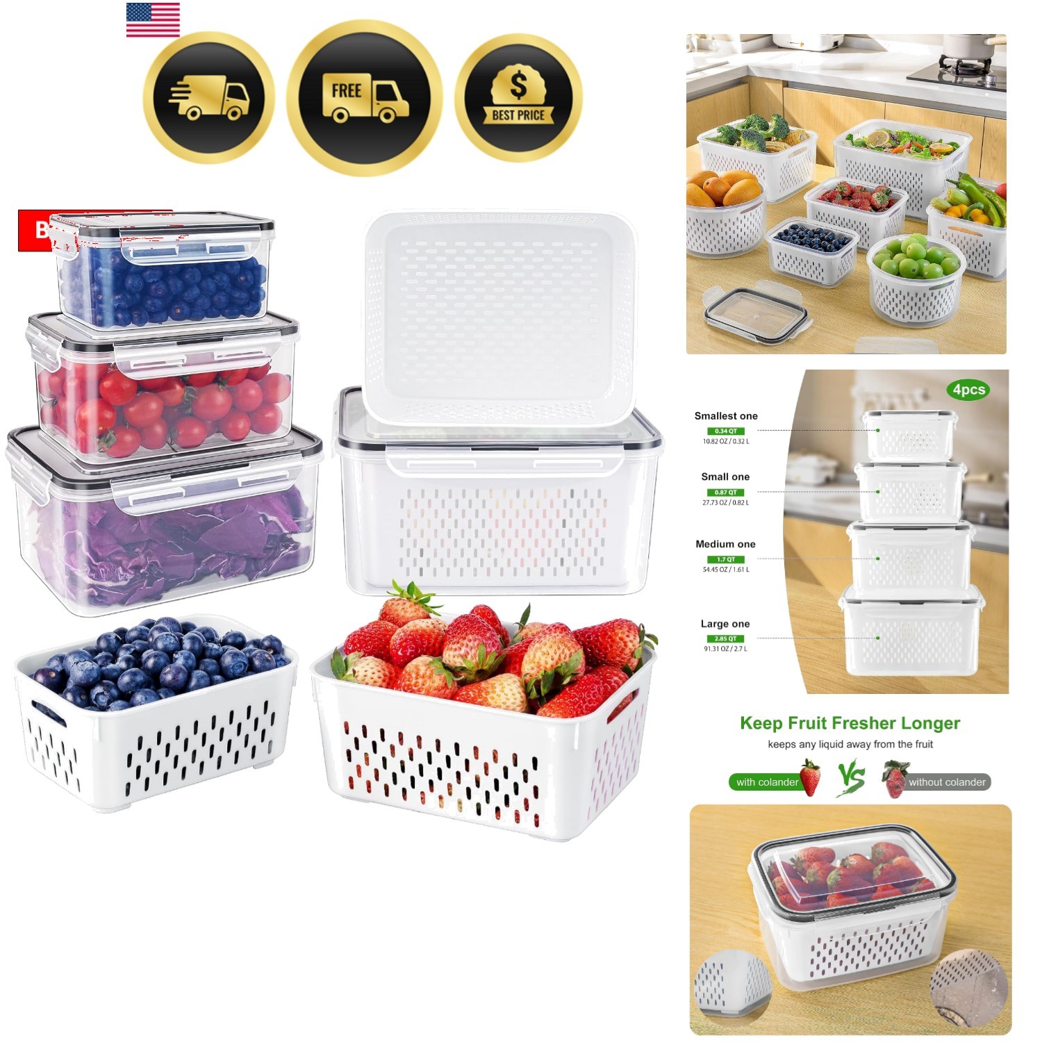 Fruit Storage Containers for Fridge with Removable Colander, Airtight Food St…