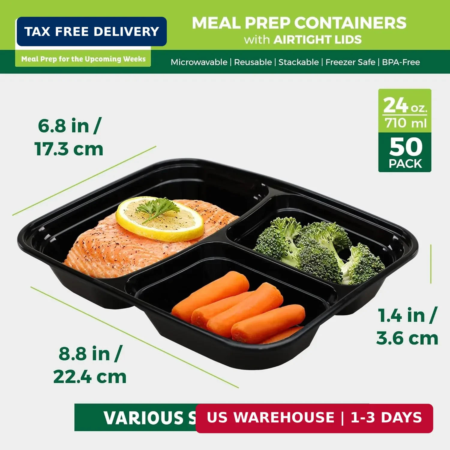 Freshware Meal Prep Containers [50 Pack] 3 Compartment Food Storage Containers w