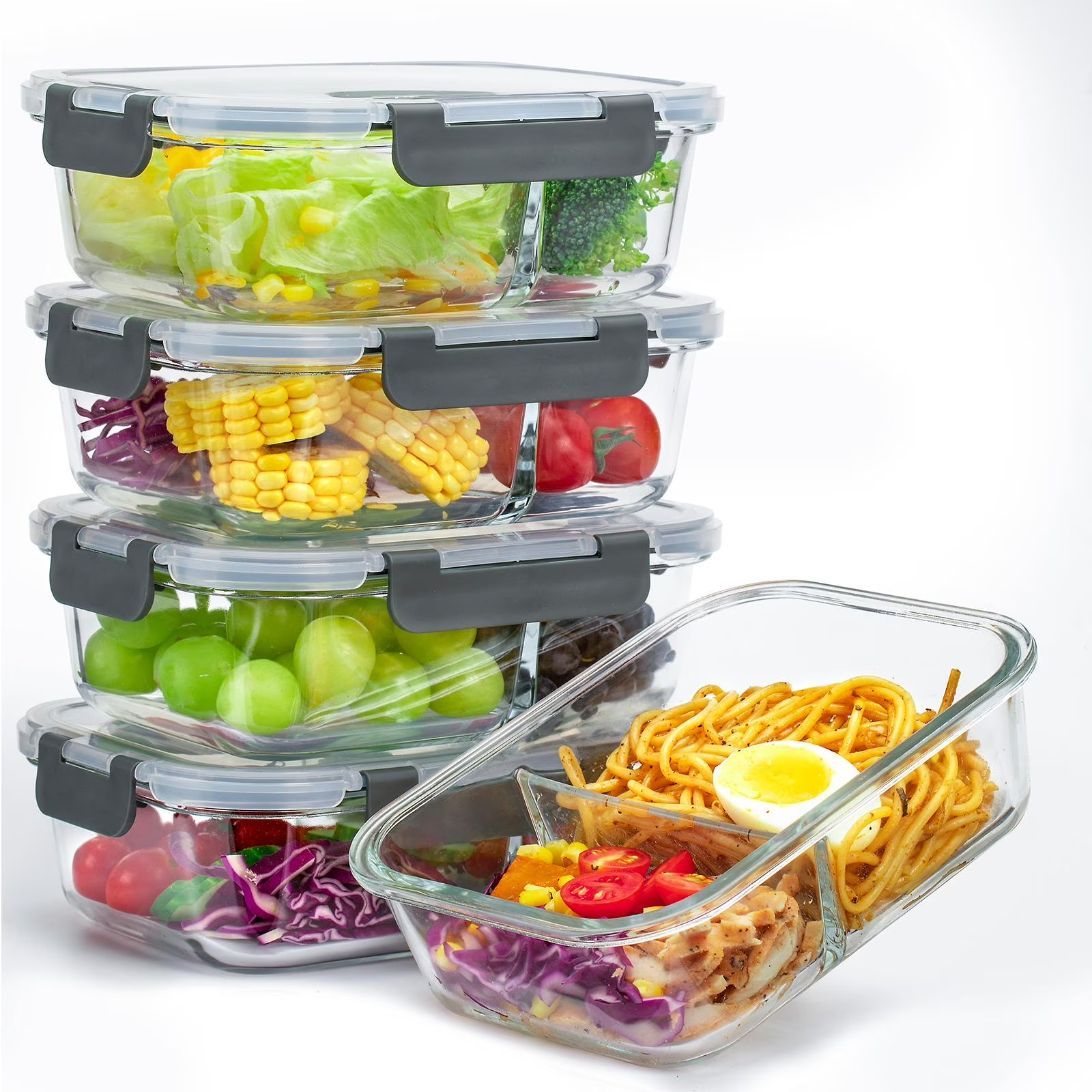 5-Pack,36 Oz Glass Meal Prep Containers 2 Compartments Portion