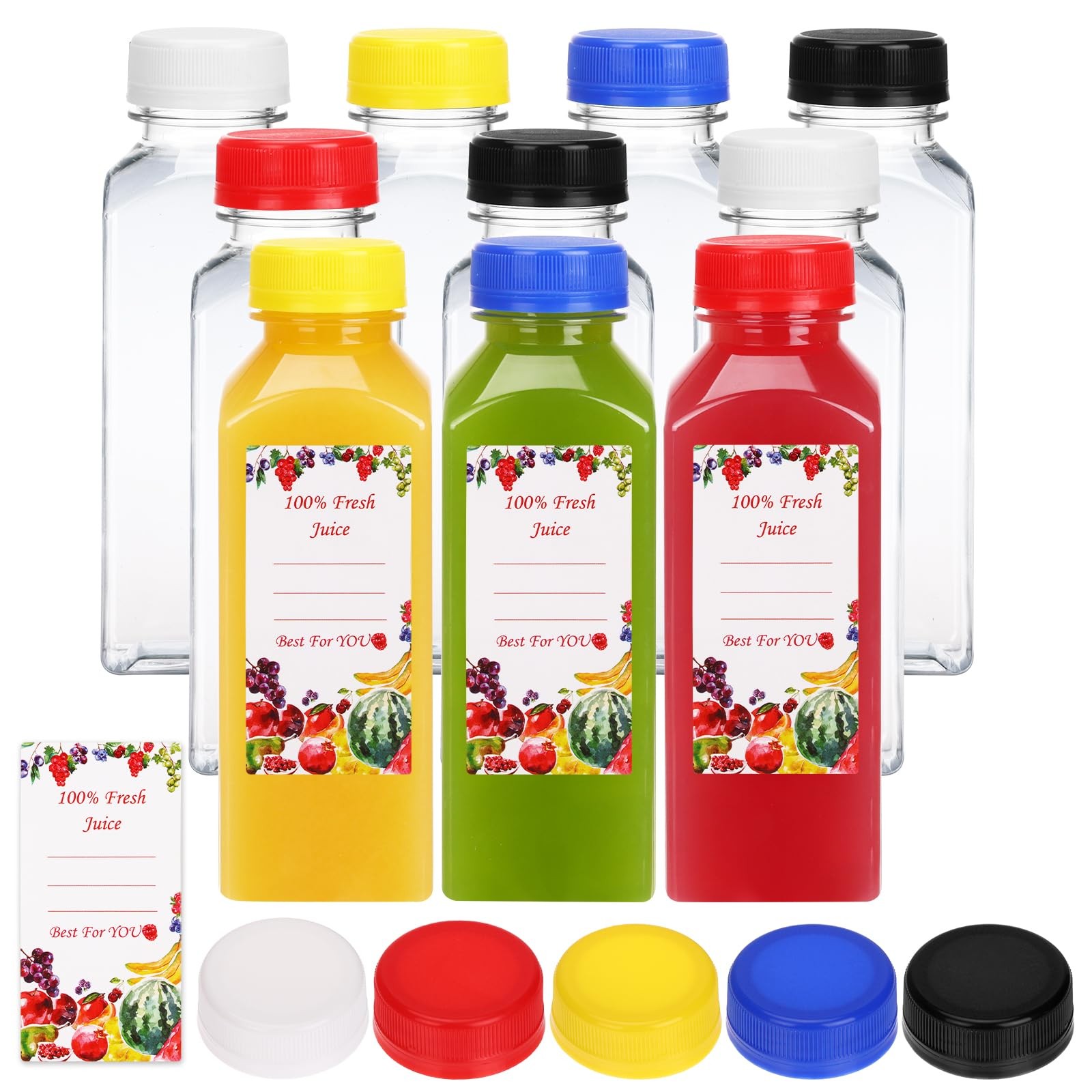 10pcs 12oz Plastic Juice Bottles with Different Color Caps, Reusable Juice Co…