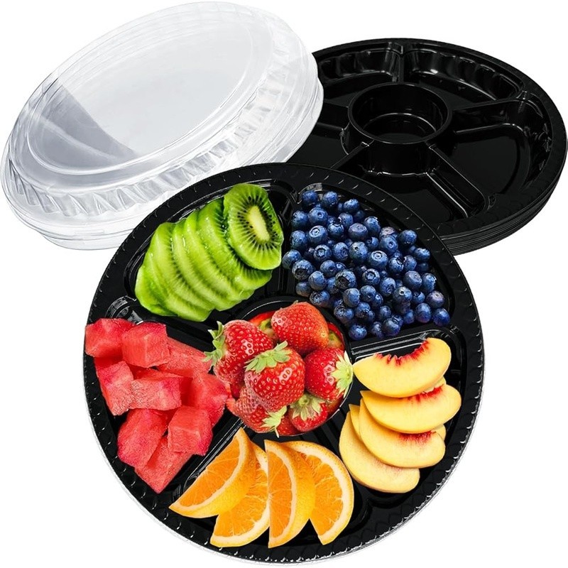 12 Pack Round Compartment Tray W/ Lid Snacks Fruits Vegetables Party Use