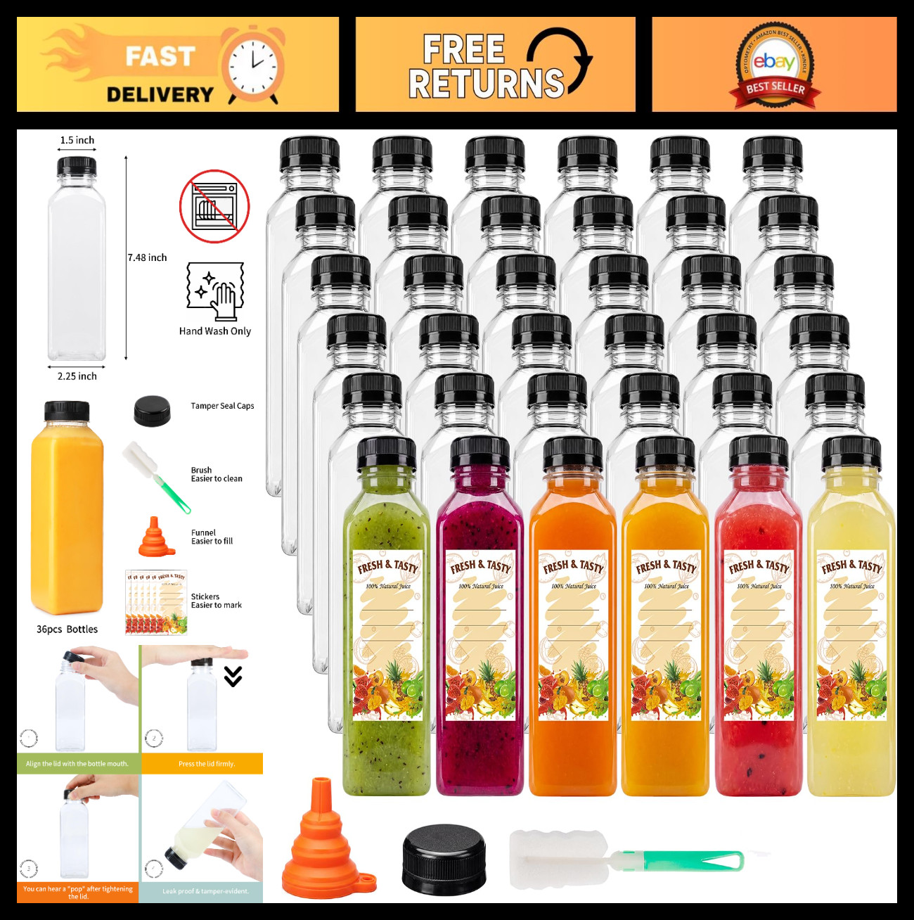 36pcs 16oz Clear Plastic Juice Bottles with Caps – Reusable Beverage Containers