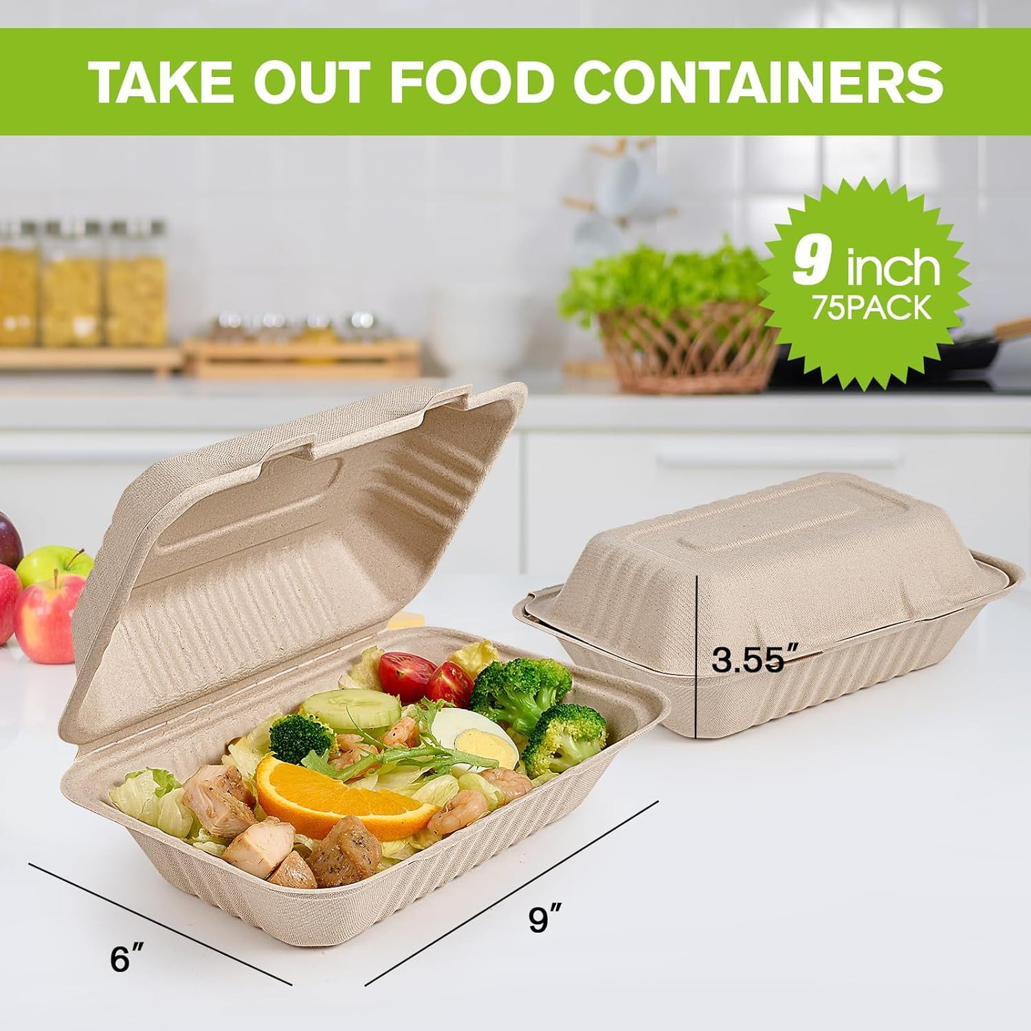 75 Pack Clamshell Take Out Food Containers, 100% Compostable To Go Containers Di