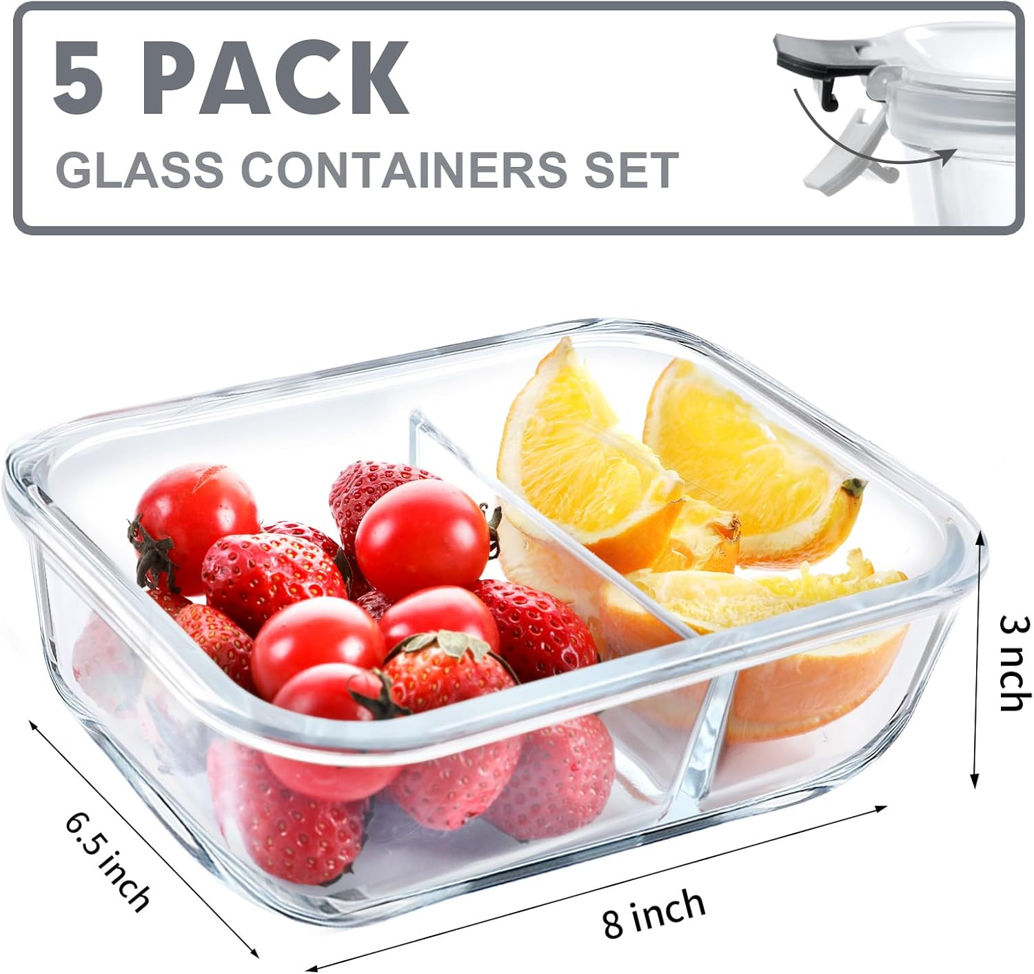 VERONES 5 Pack Glass Meal Prep Containers 2 Compartment Set, 36OZ Airtight Glass